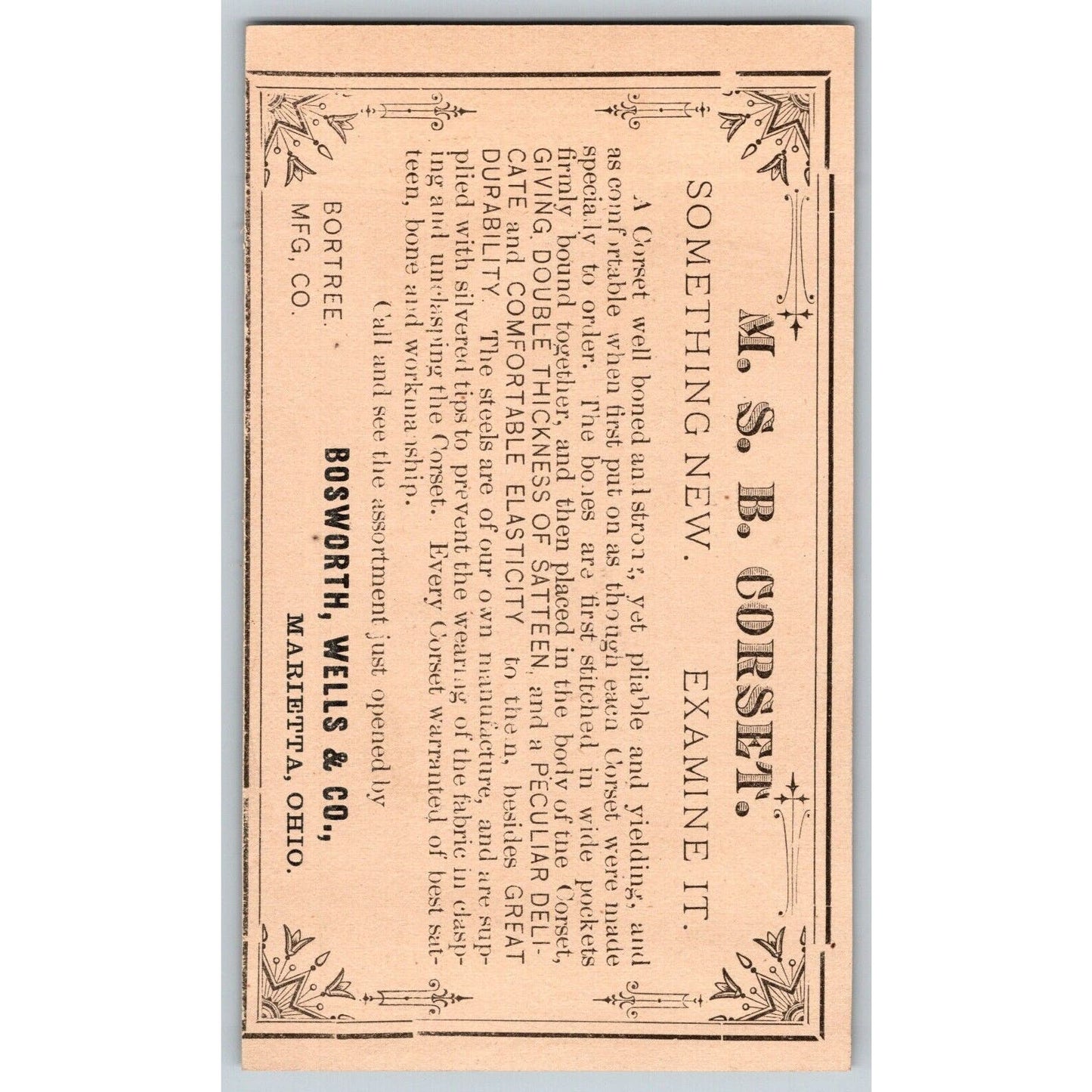 Bosworth, Wells & Co. MSB Corset Marietta, OH Victorian Trade Card Hand Fan