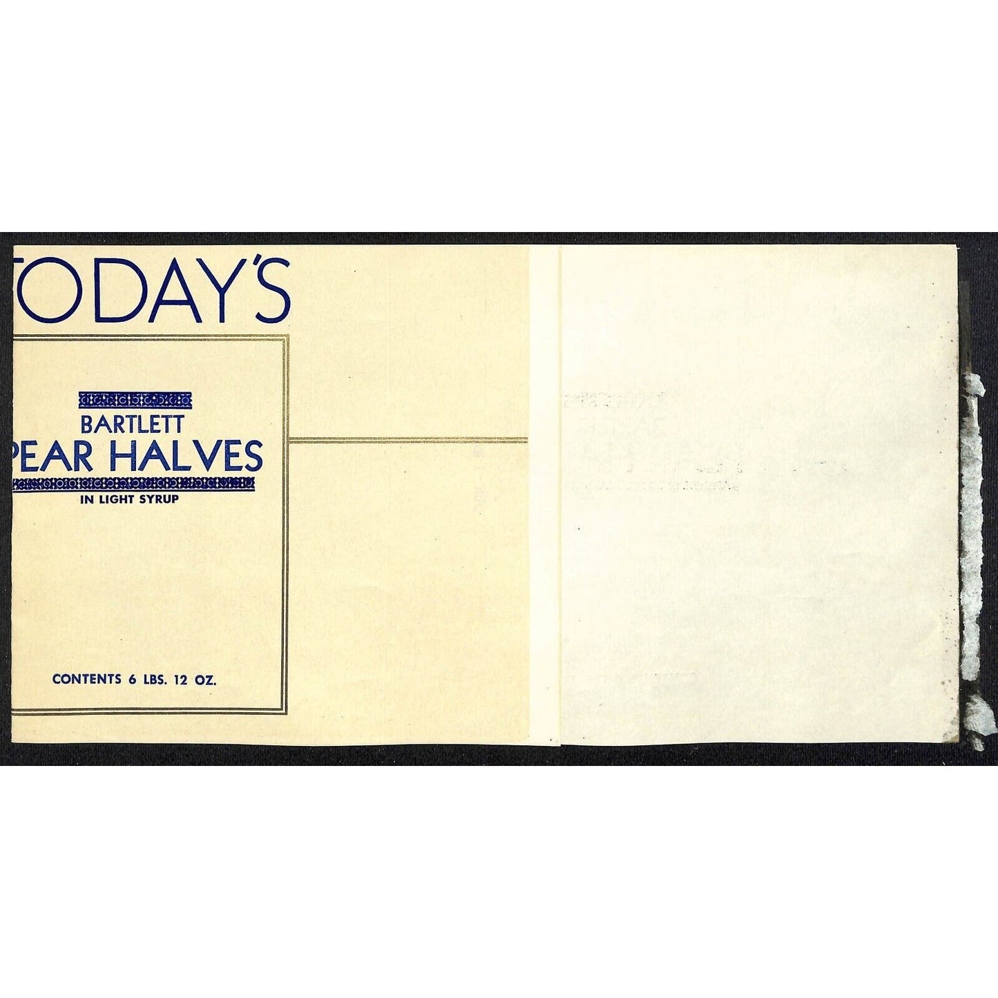 1946 Paper Can Label Today's Bartlett Pear Halves California Packing - w/ Gilt