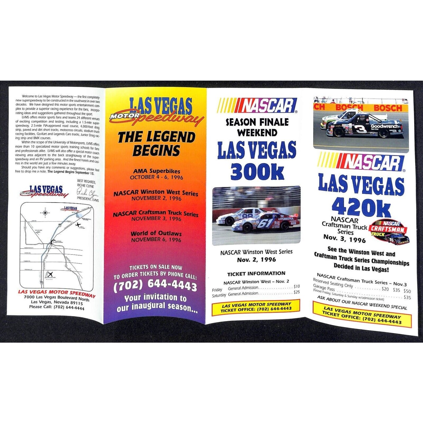 1996 Las Vegas Motor Speedway Superbike Ticket Info Brochure / Chart VGC