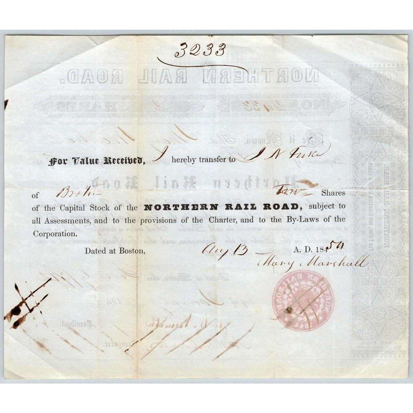 1848 Boston, MA Northern Railroad Stock Certificate No. 2433 for 2 Shares