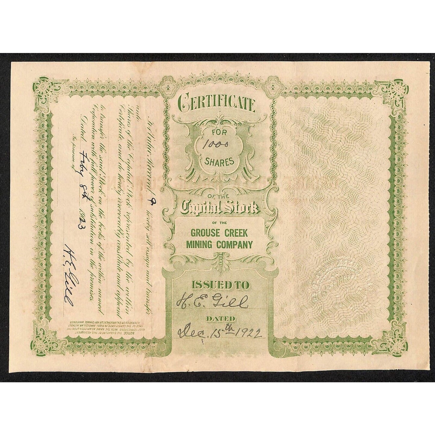 San Francisco Grouse Creek Mining Co. 1922 Stock Certificate #120 Scarce