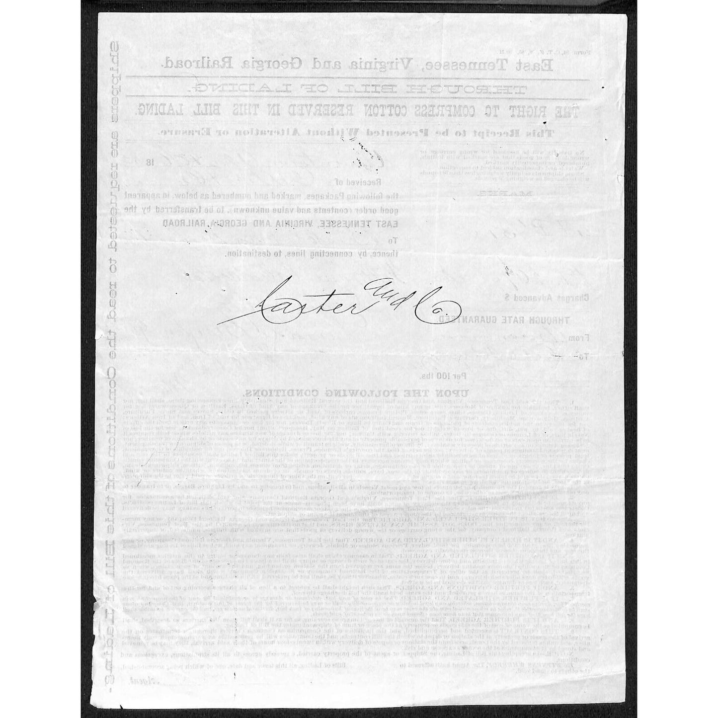 East Tennessee, Virginia Georgia Railroad 1885 Bill of Lading "Bales of Cotton"