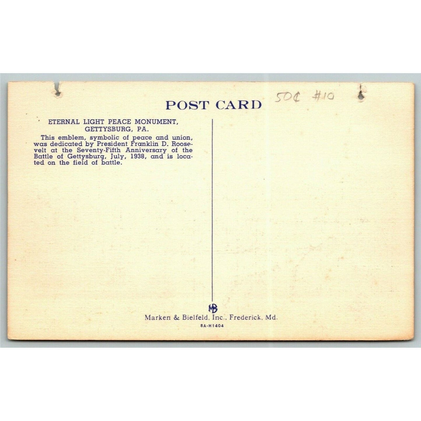Vintage Linen Postcard Eternal Light Peace Monument, Gettysburg, PA