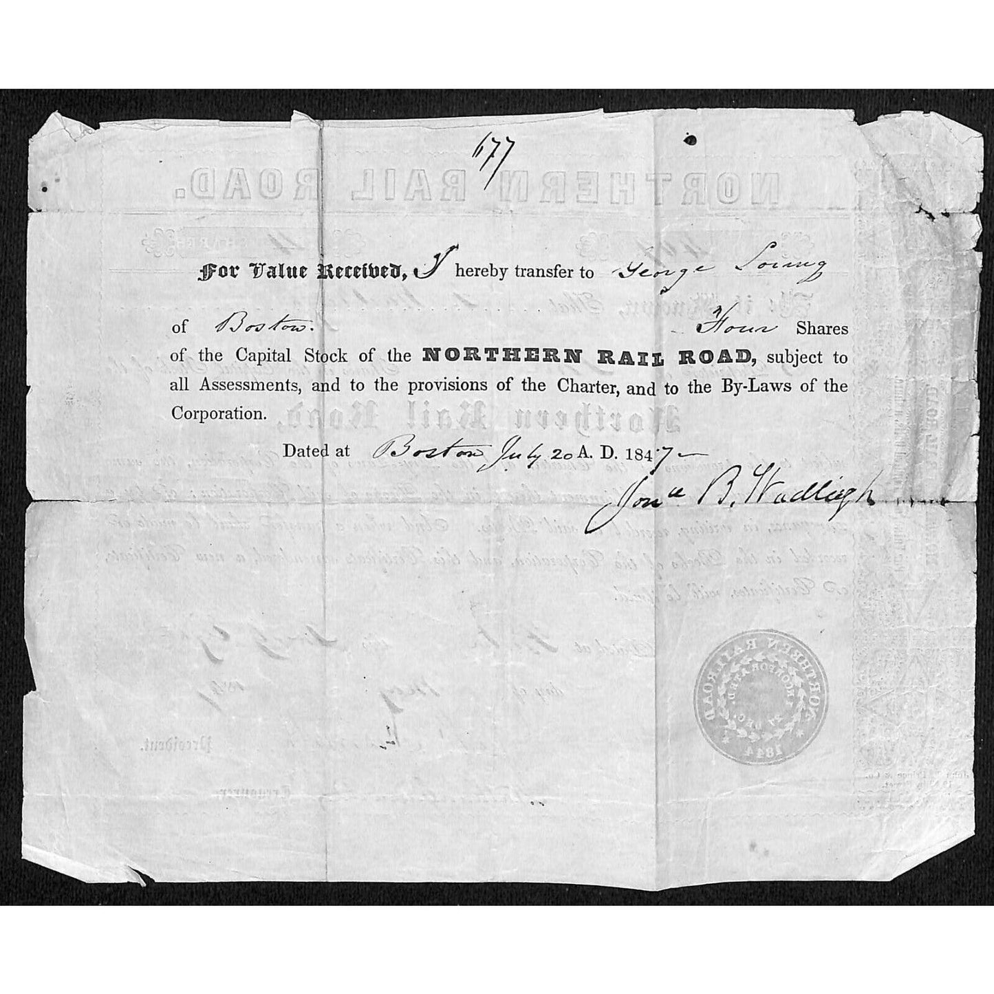 1847 Boston, MA Northern Railroad Stock Certificate No. 409 for 4 Shares