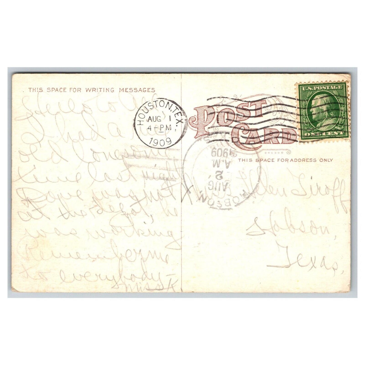 Grand Central Depot Houston Texas 1909 Postcard Railroad w/ Houston Postmark