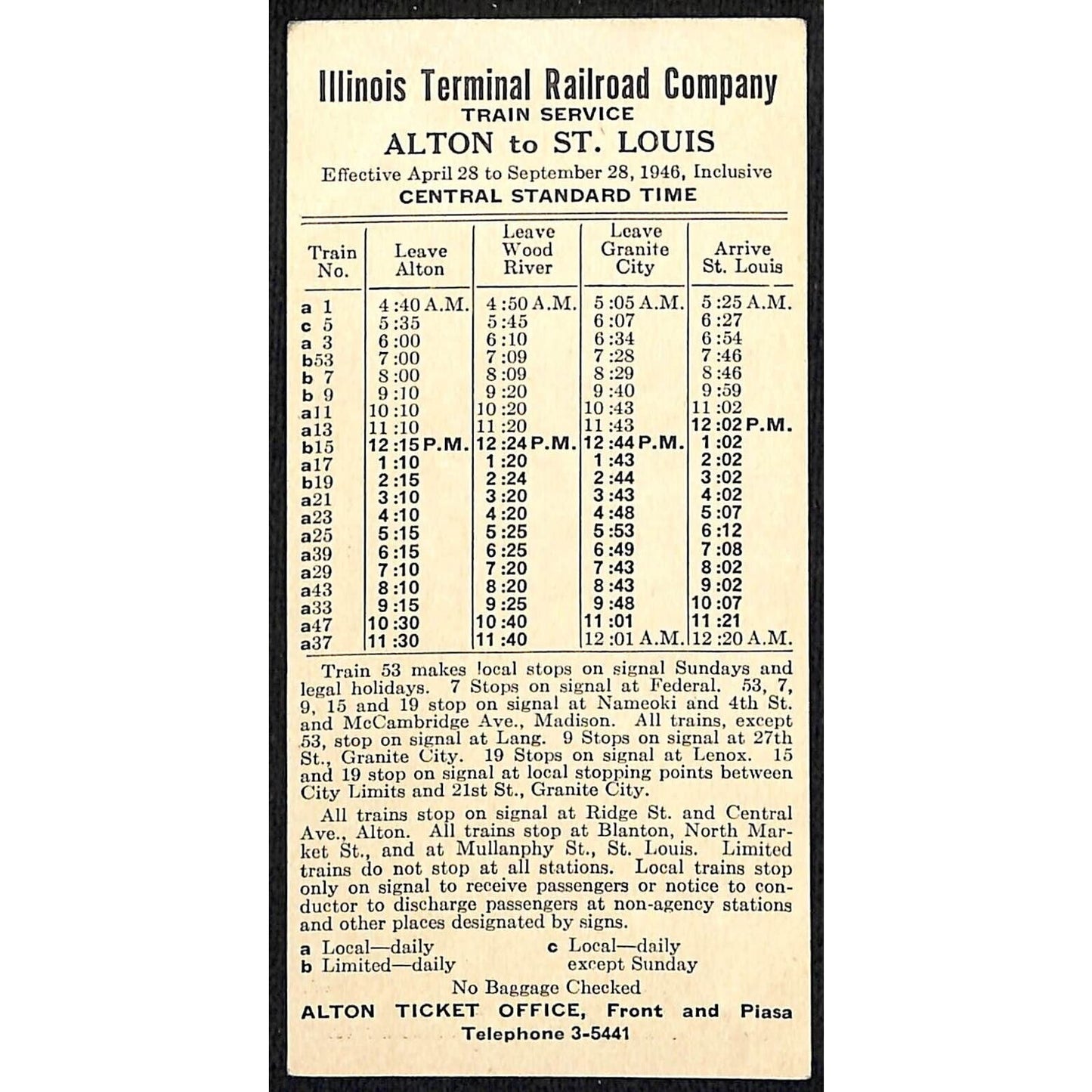 Illinois Terminal Railroad Co. 4/28 1946 Train Schedule Card Alton St. Louis VGC