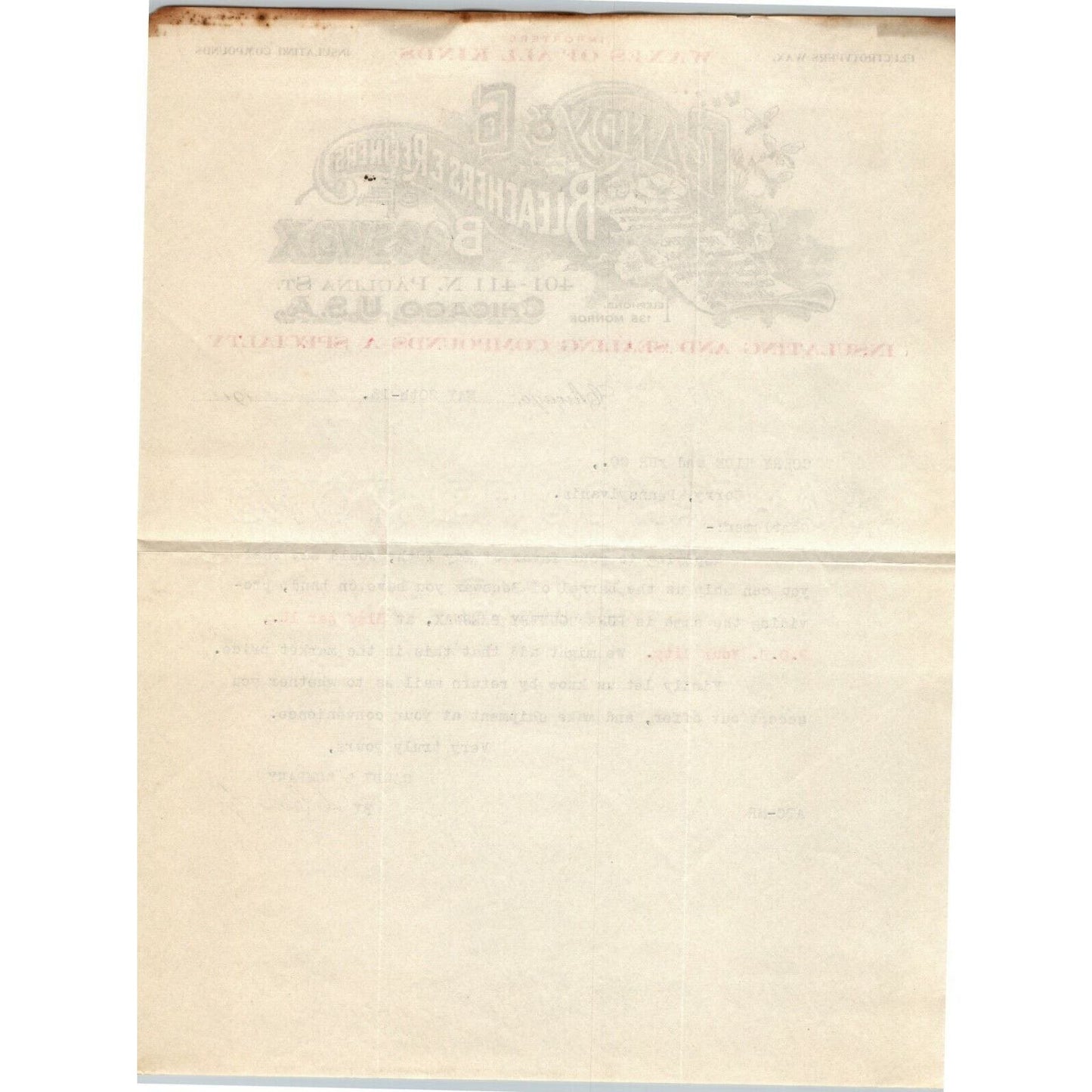 Candy & Co. 1913 Letterhead Chicago Bleachers Refiners Beeswax Sealing Compounds