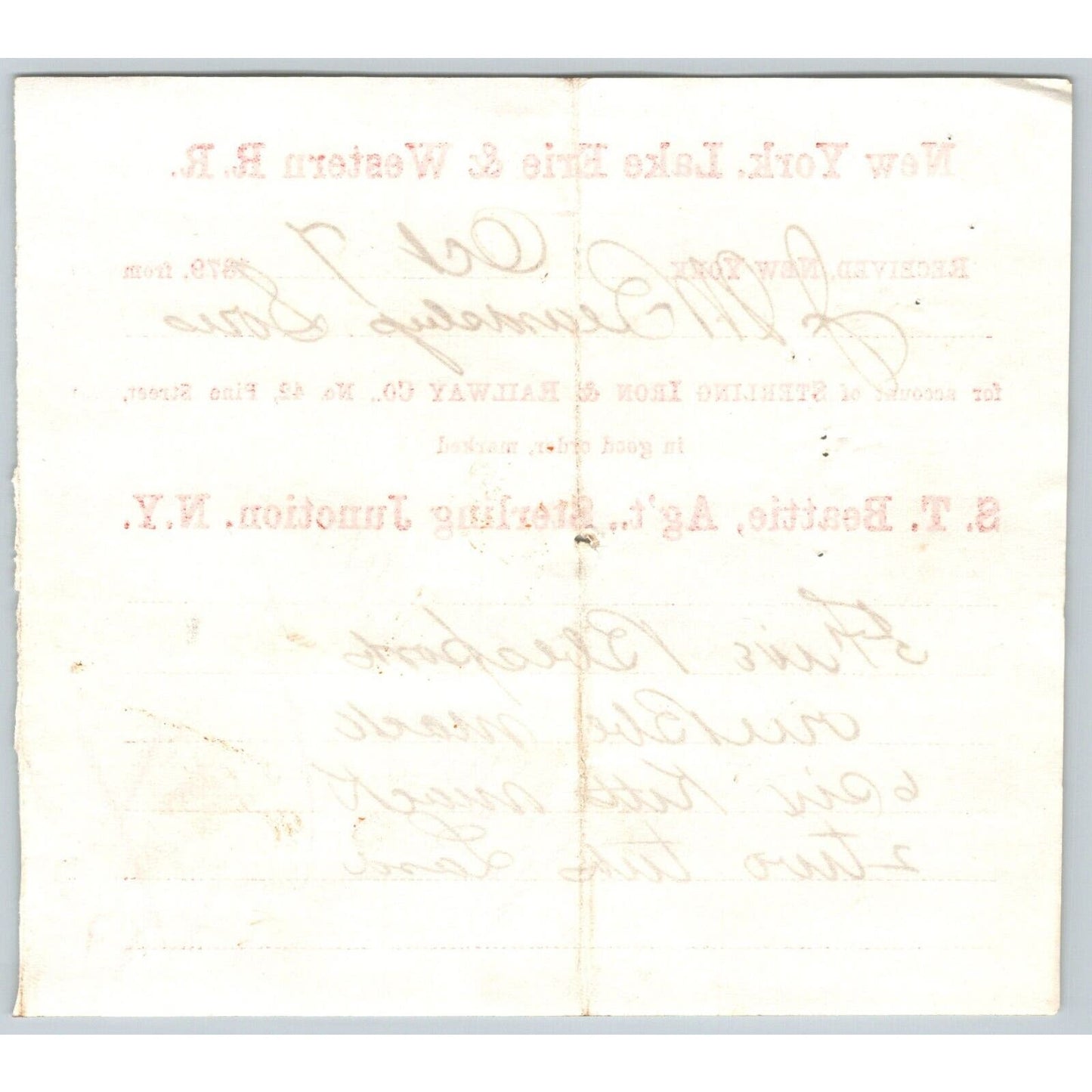 New York, Lake Erie & Western R.R. 1879 Railroad Freight Billhead J.M. Beardsley