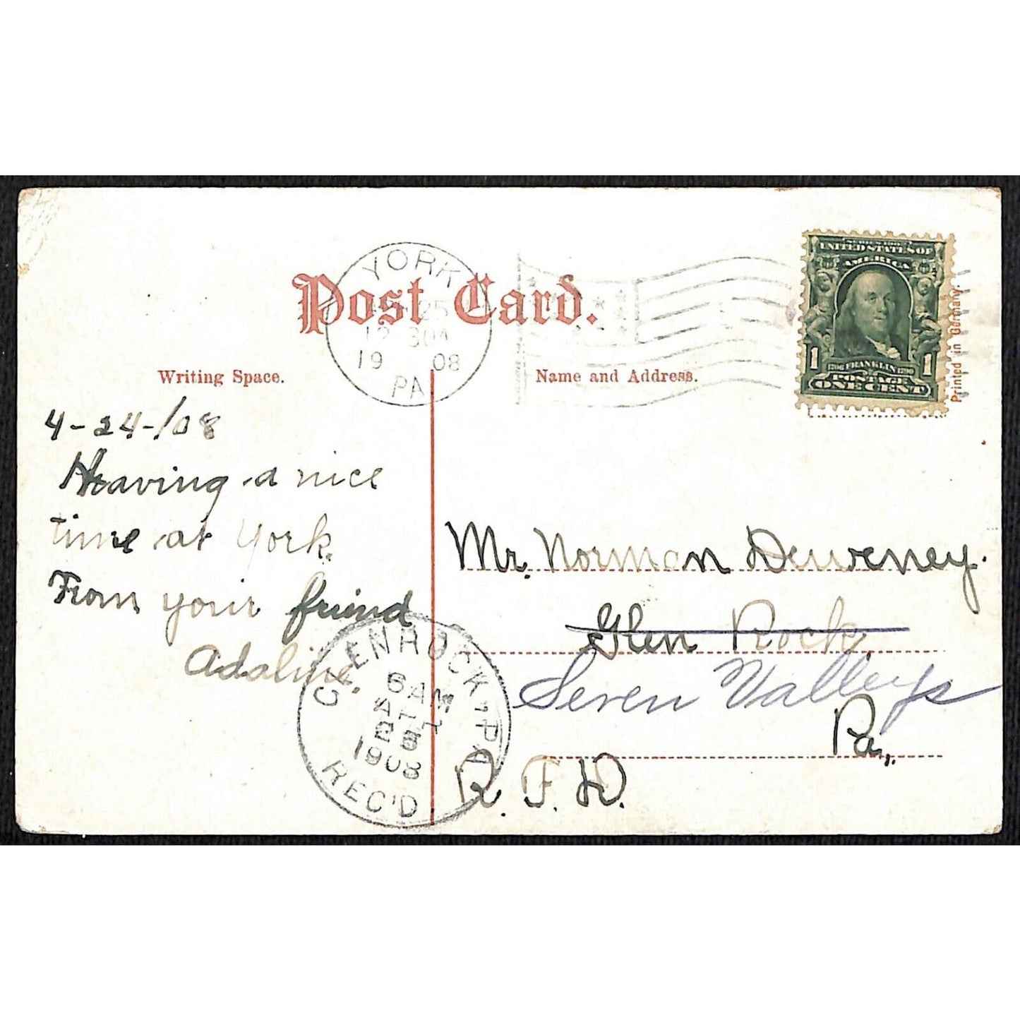 Greetings From York, PA Large Letter Postcard PM 1908 w/ Flag