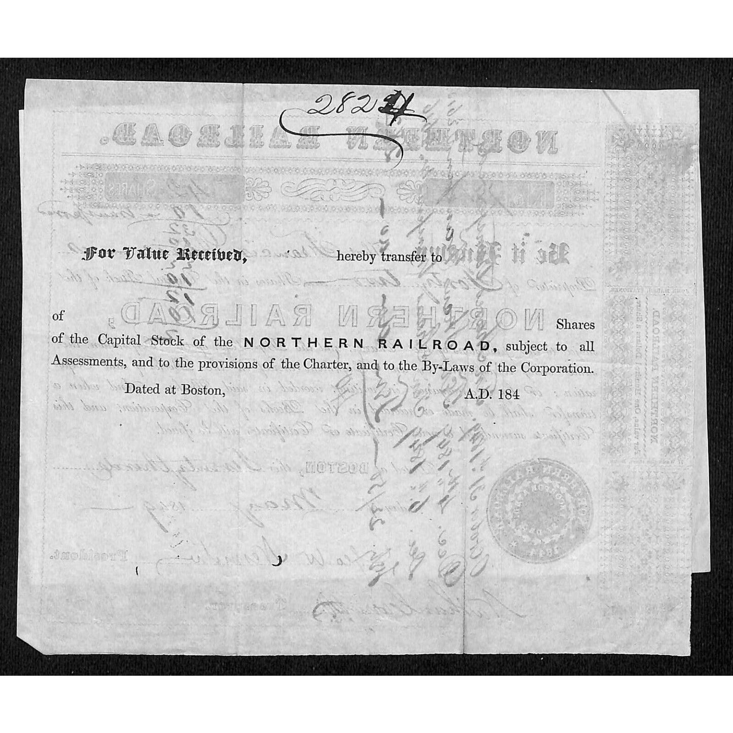 1849 Northern Railroad Stock Certificate & Affixed 1850 Power of Attorney Letter