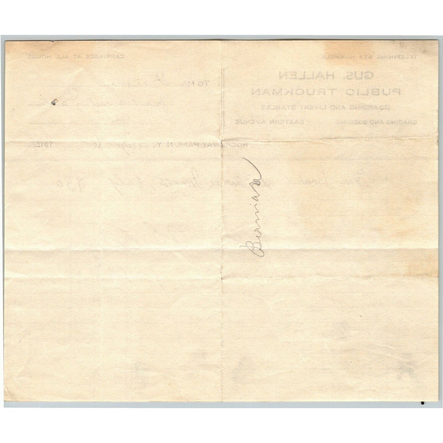 Gus Hallen Public Truckman Boarding Livery Stables 1914 Letterhead Signed