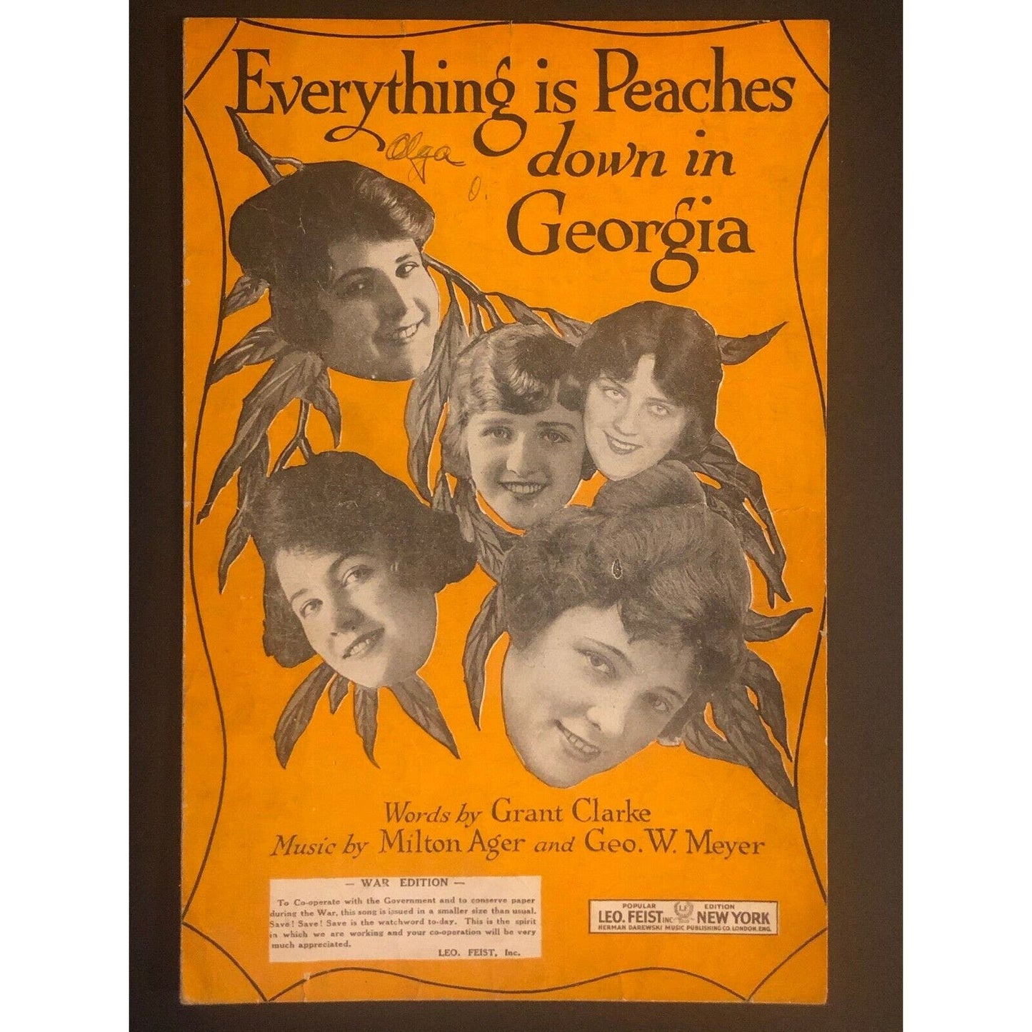 Vintage 1918 Sheet Music "Everything is Peaches Down In Georgia"