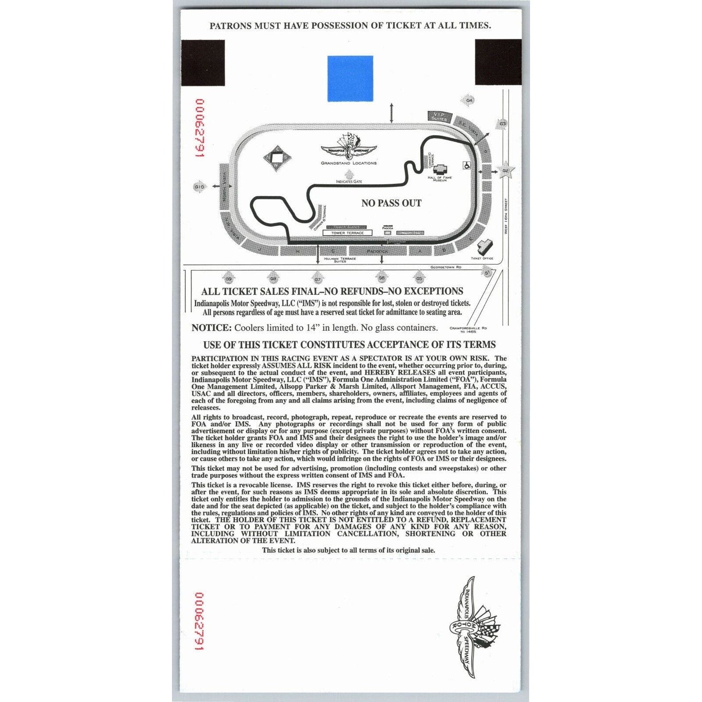 2006 Indianapolis Formula One Grand Prix Racing Race Day Unused Ticket Seat 1