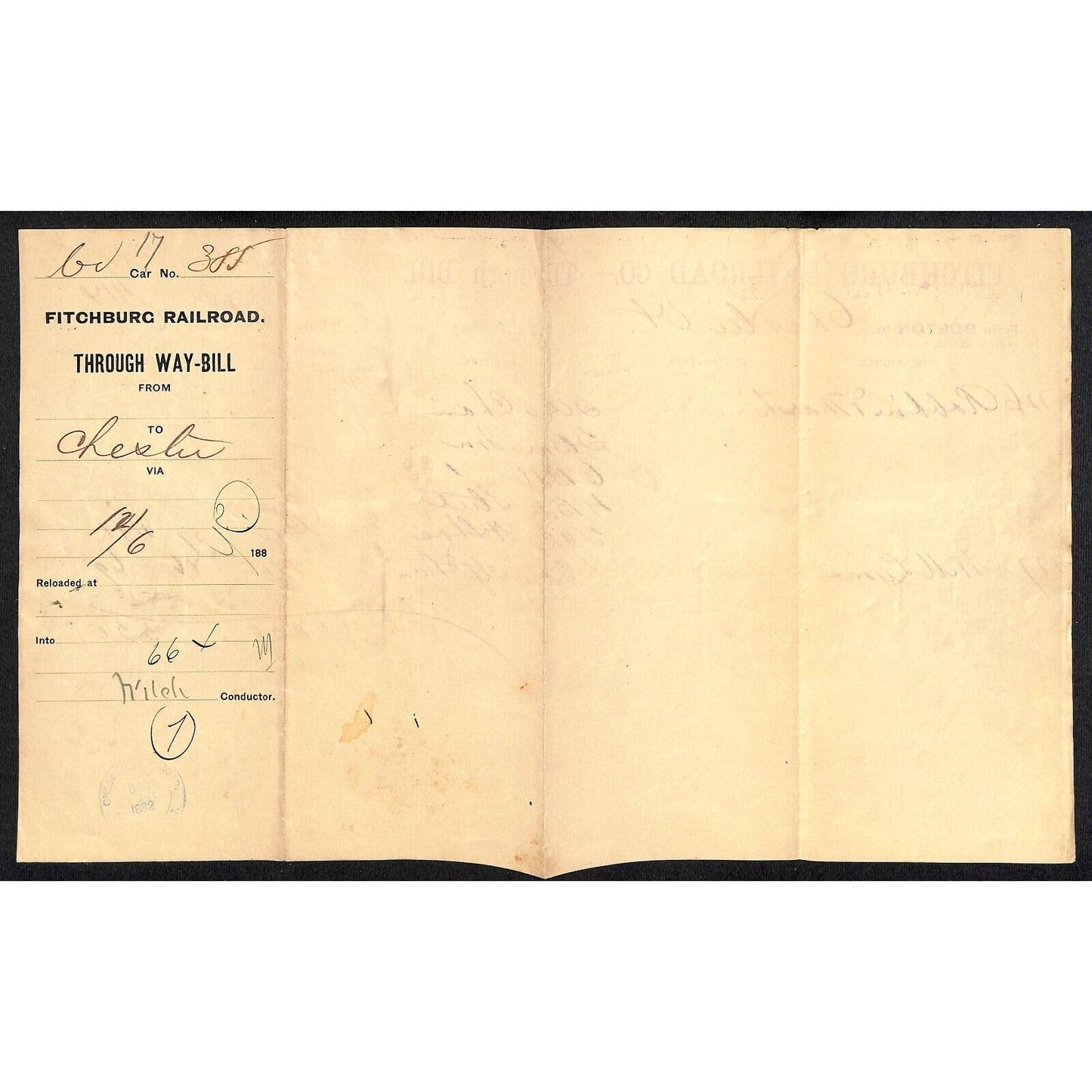 Fitchburg Railroad Co. 1880's Freight Way-Bill from Boston to Chester, VT