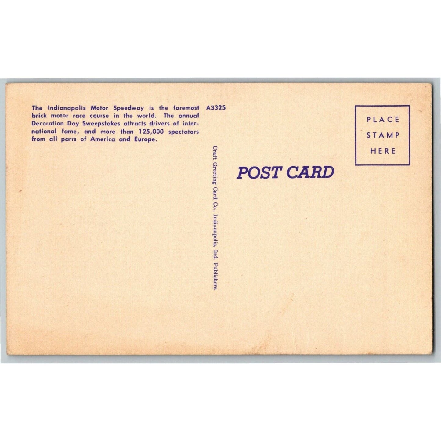 Indy 500 Linen Postcard 1948 "..Greatest Automobile Race Course.." Unposted VGC