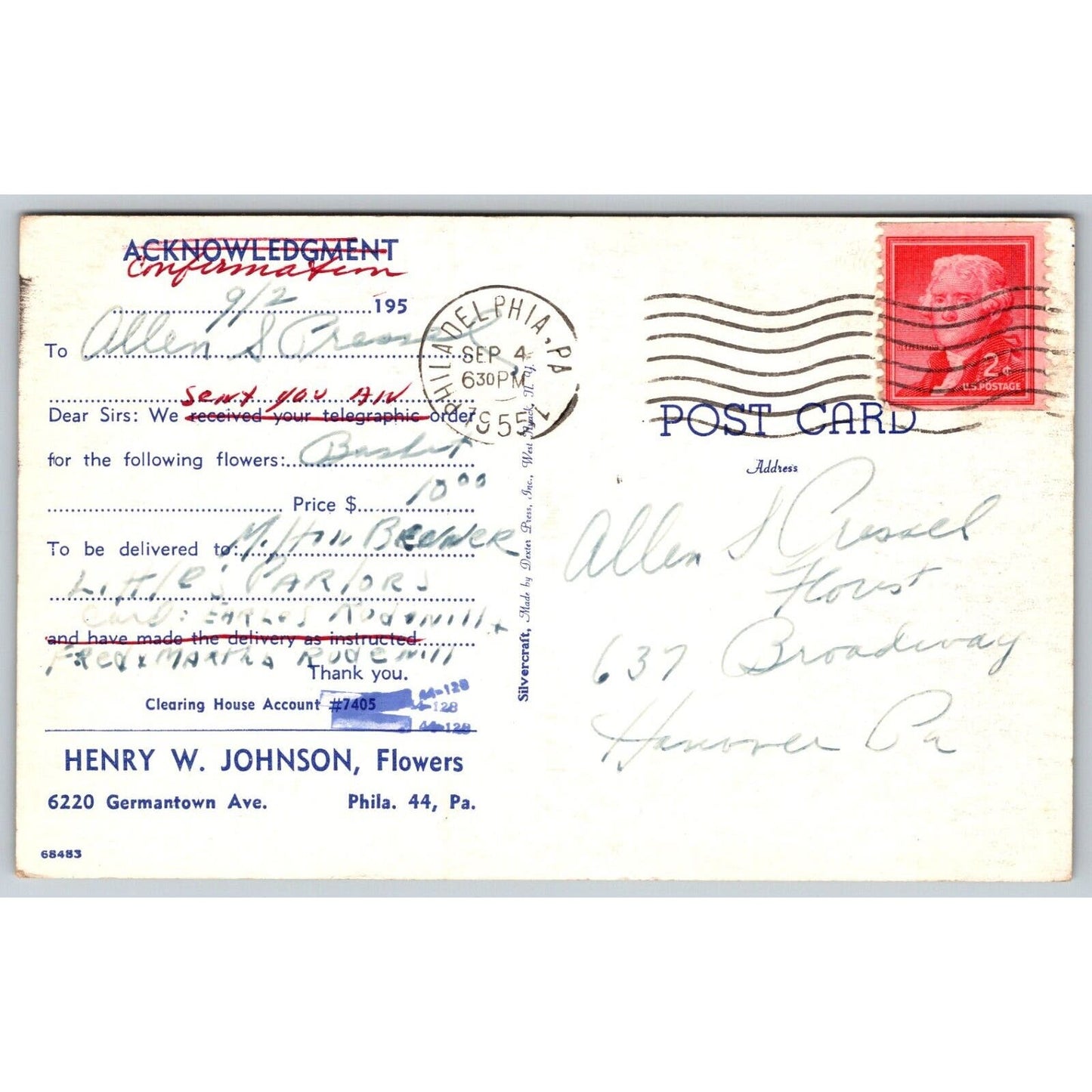Henry W. Johnson Flower Store Philadelphia PM 1955 RPPC* Advertising Postcard