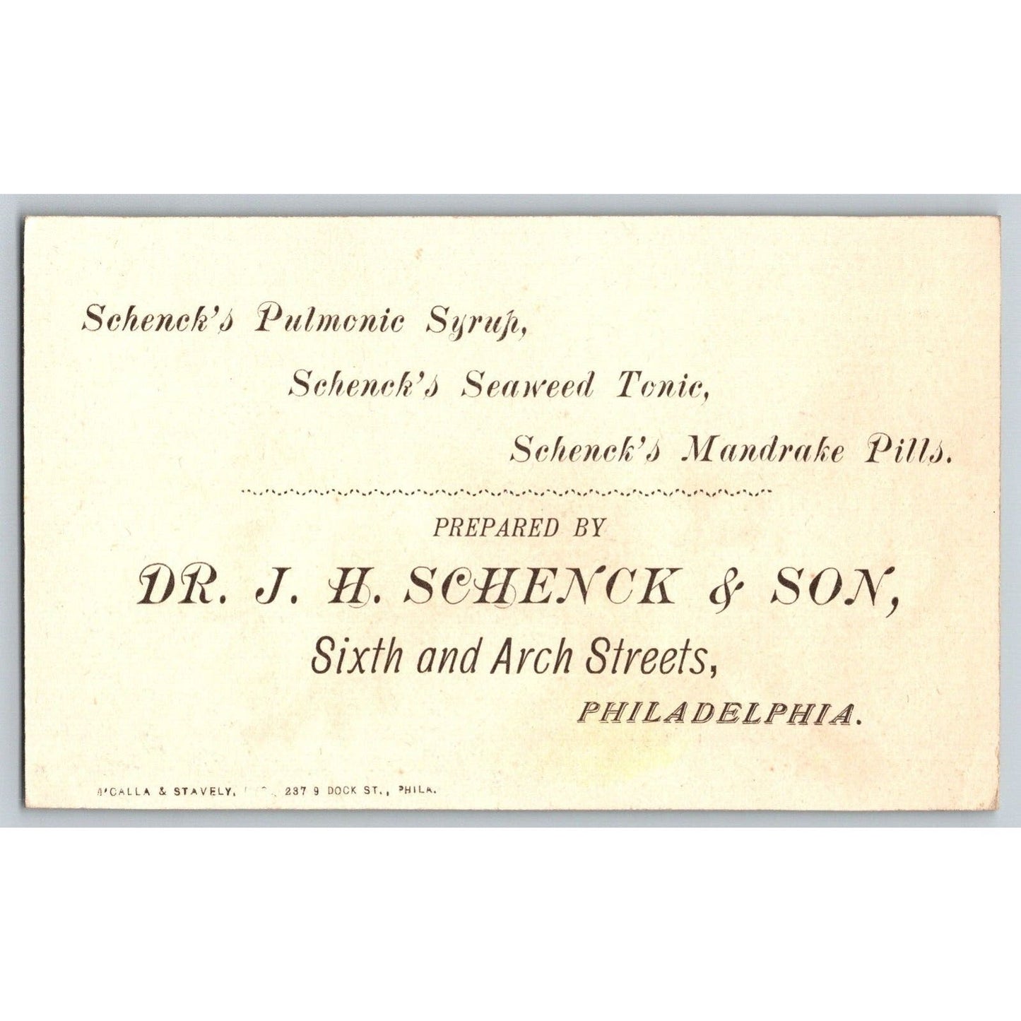 Dr. J. H. Schenck & Son's Family Medicines Philadelphia Victorian Trade Card