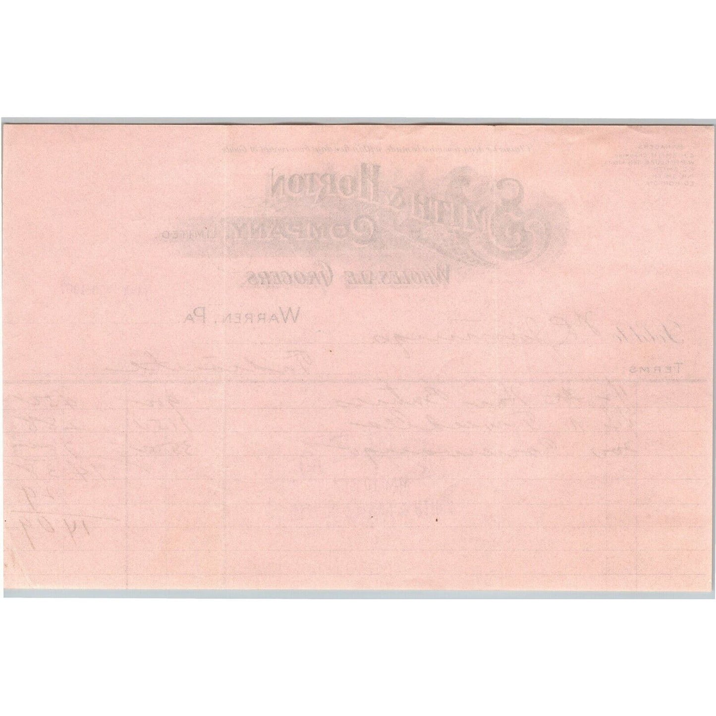 1907 Warren, PA Letterhead Smith & Horton Co Wholesale Grocers