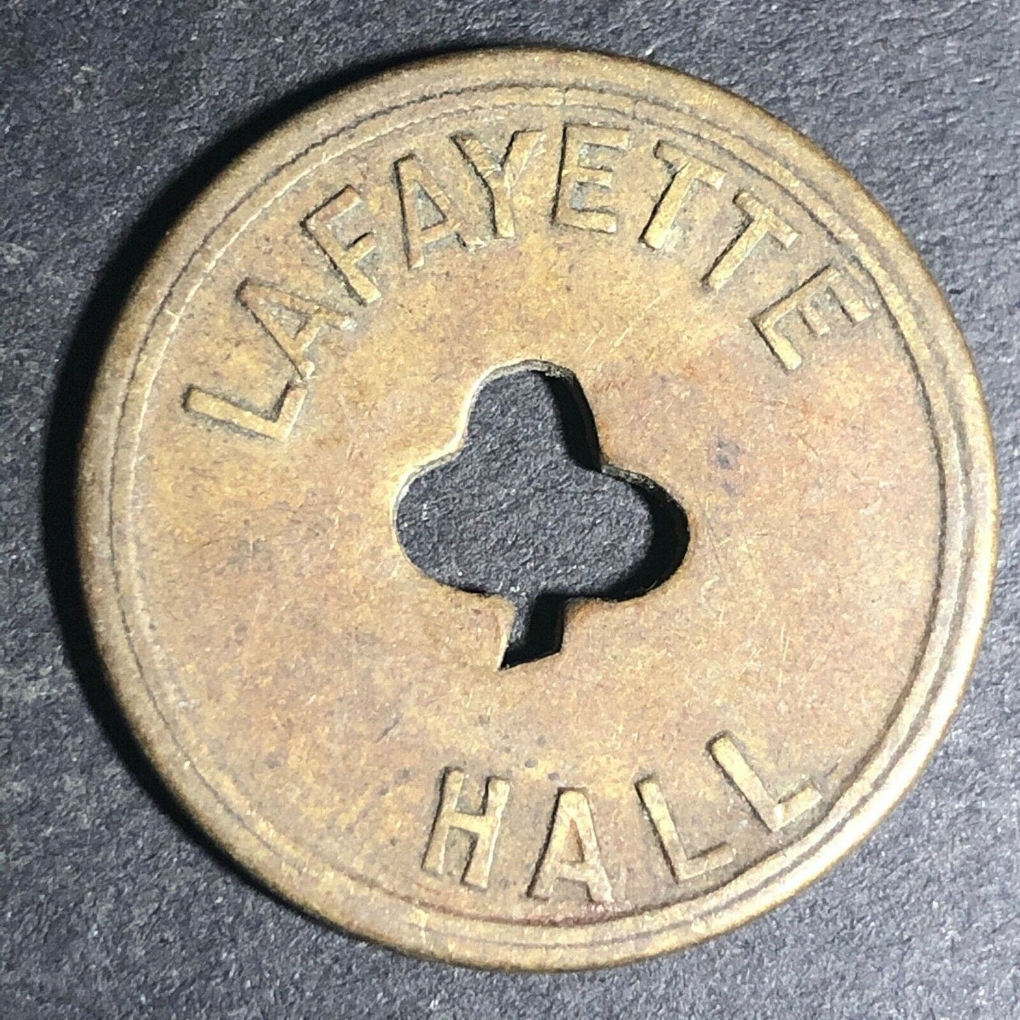 24.5mm Brass Lafayette Hall (Saloon Sacramento, CA) Token Clover Shamrock (#25)
