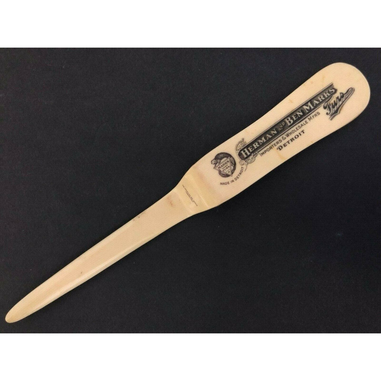 c1920's-30's "Herman & Ben Marks" Furs Detroit Celluloid Adv. Letter Opener