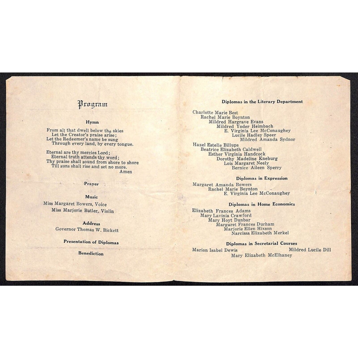 Buena Vista, VA 1920 Southern Seminary Graduation Exercises Sheet