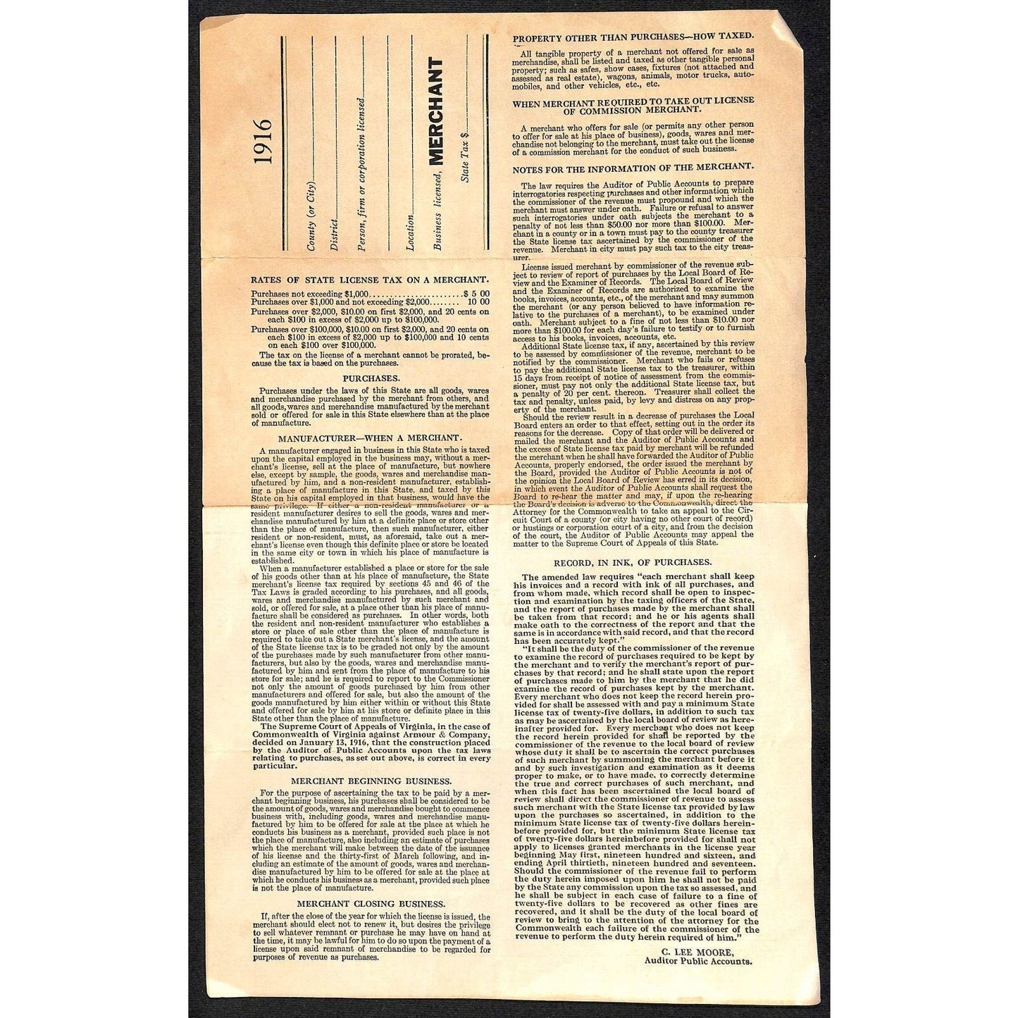 1916 Virginia Application State License Merchant Tax -Paid in Gold / Silver Coin