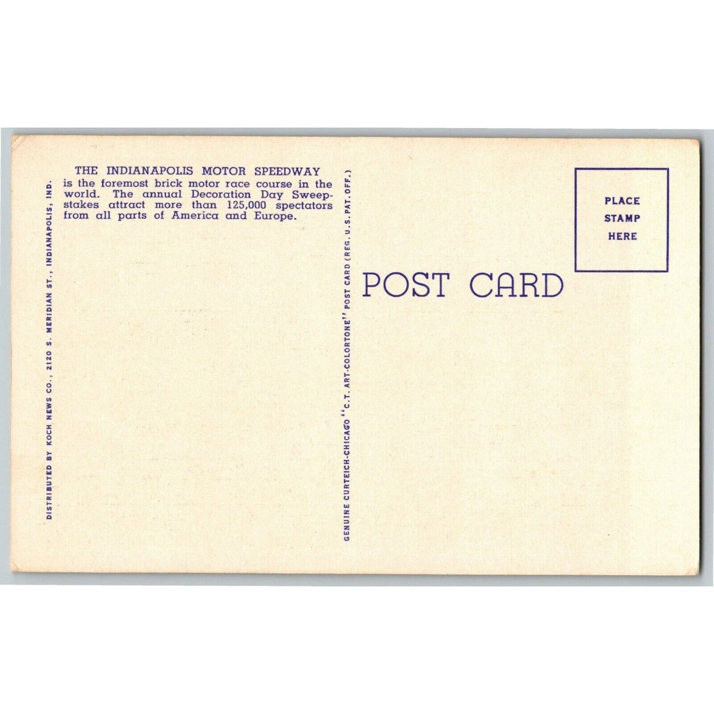 Indy 500 Linen Postcard 1930 "The Greatest Automobile Race Course" NP Koch