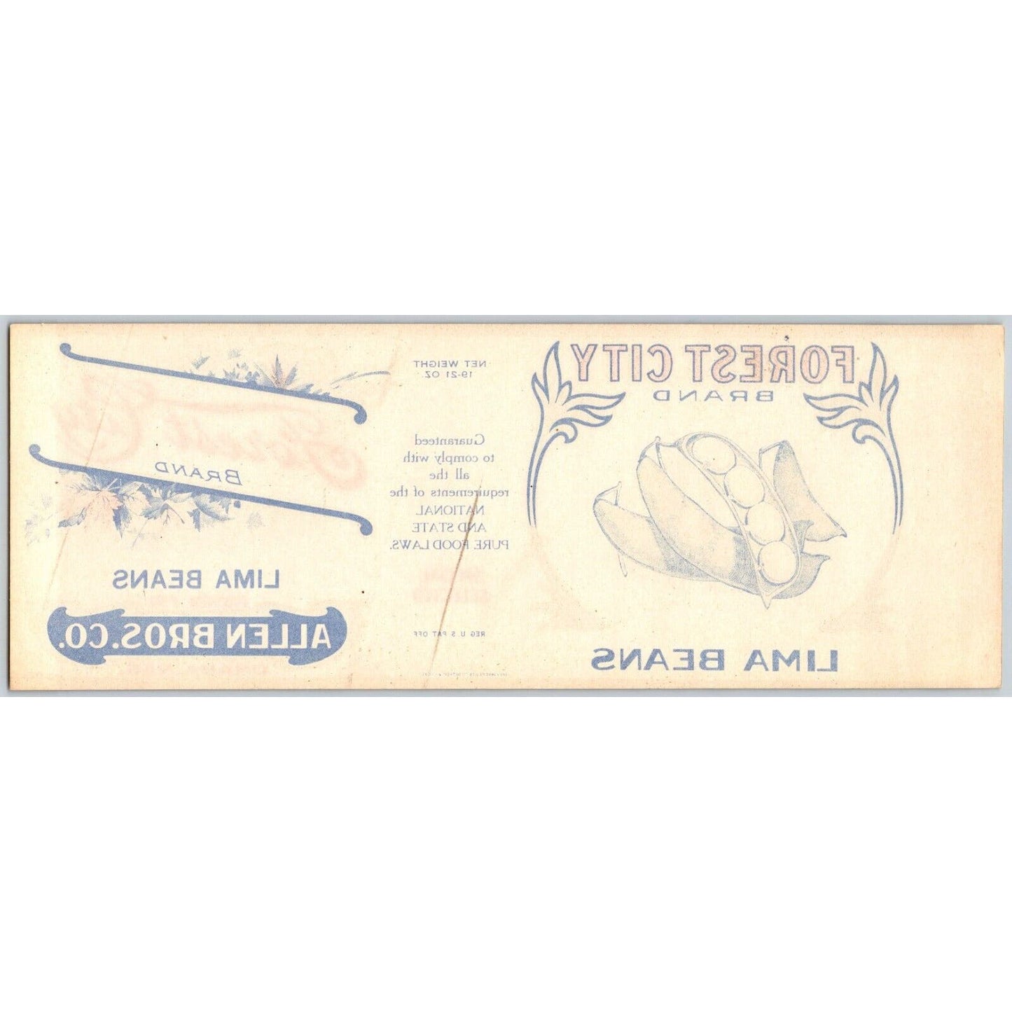 Forest City Brand Lima Beans Paper Can Label Allen Bros. Omaha c1910's VGC