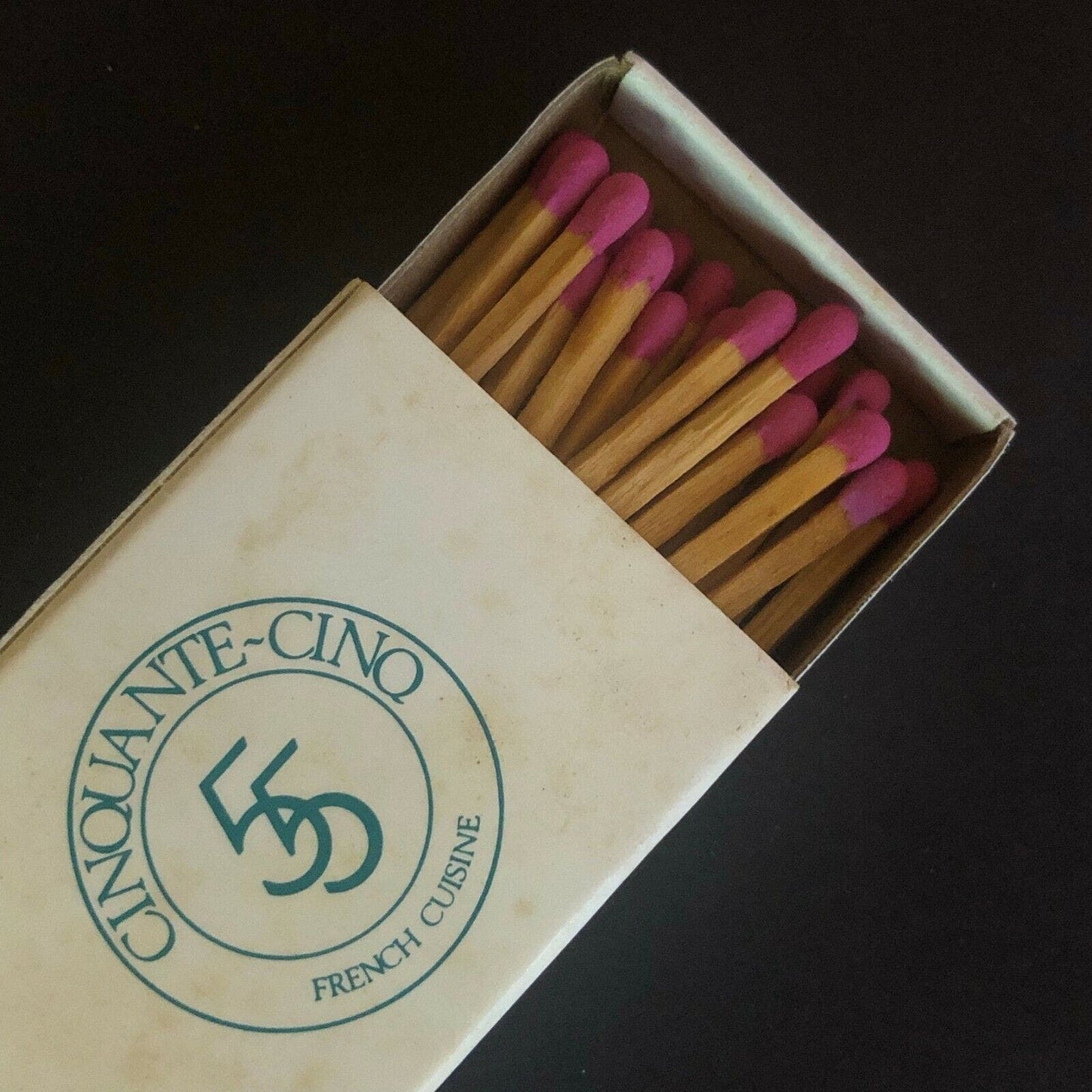 c1980's Wooden Matchbox Matchbook "Cinquante-Cino" French Cuisine Greenwich, CT