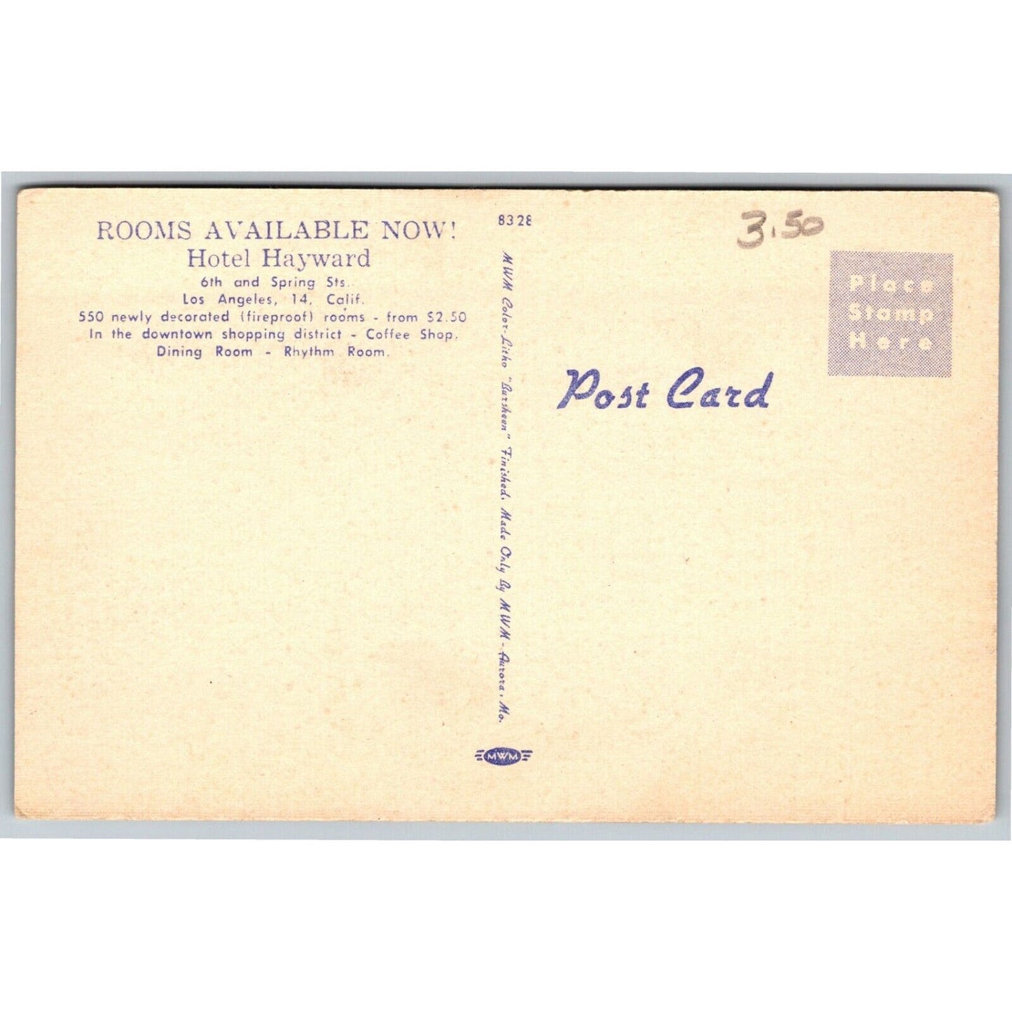 Hotel Hayward Los Angeles Linen Postcard NP c1930's VGC "Rooms Available Now!"