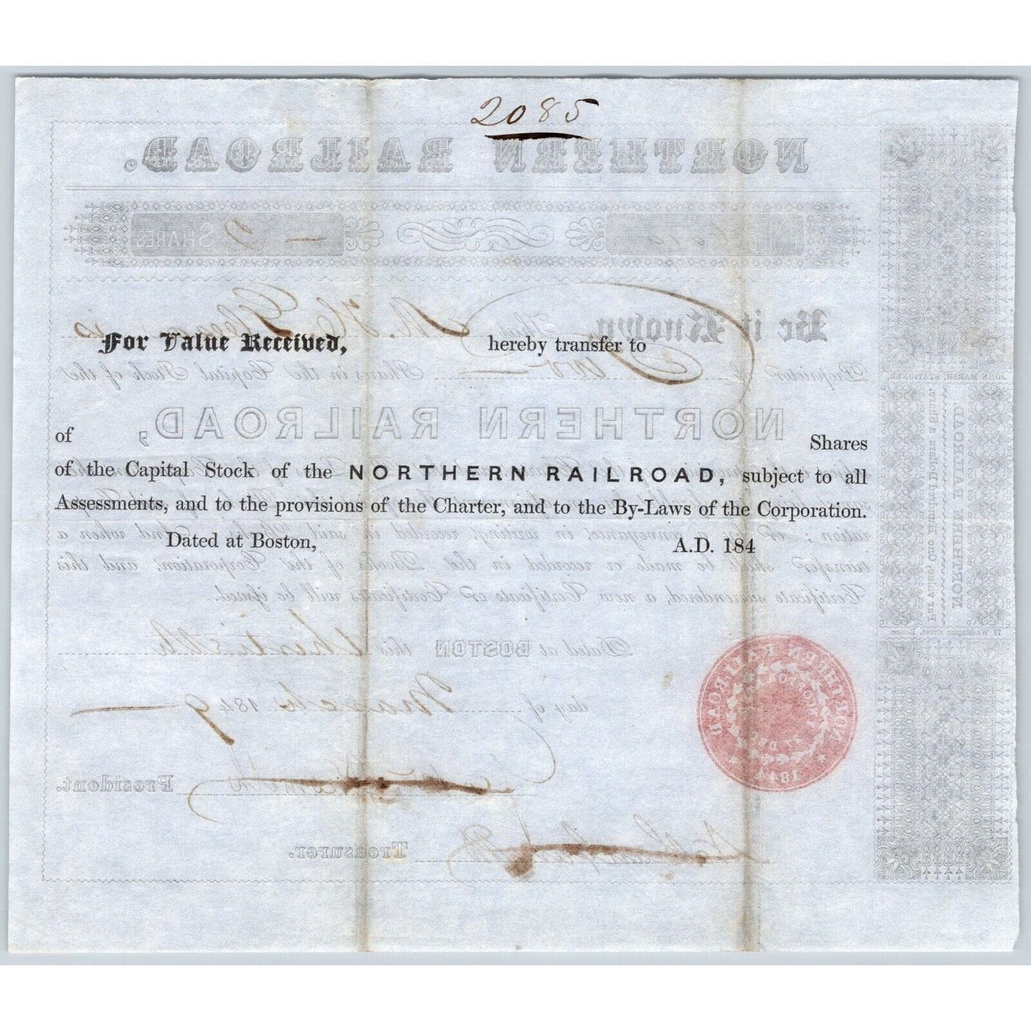 1849 Boston, MA Northern Railroad Stock Certificate No. 6019 for 2 Shares