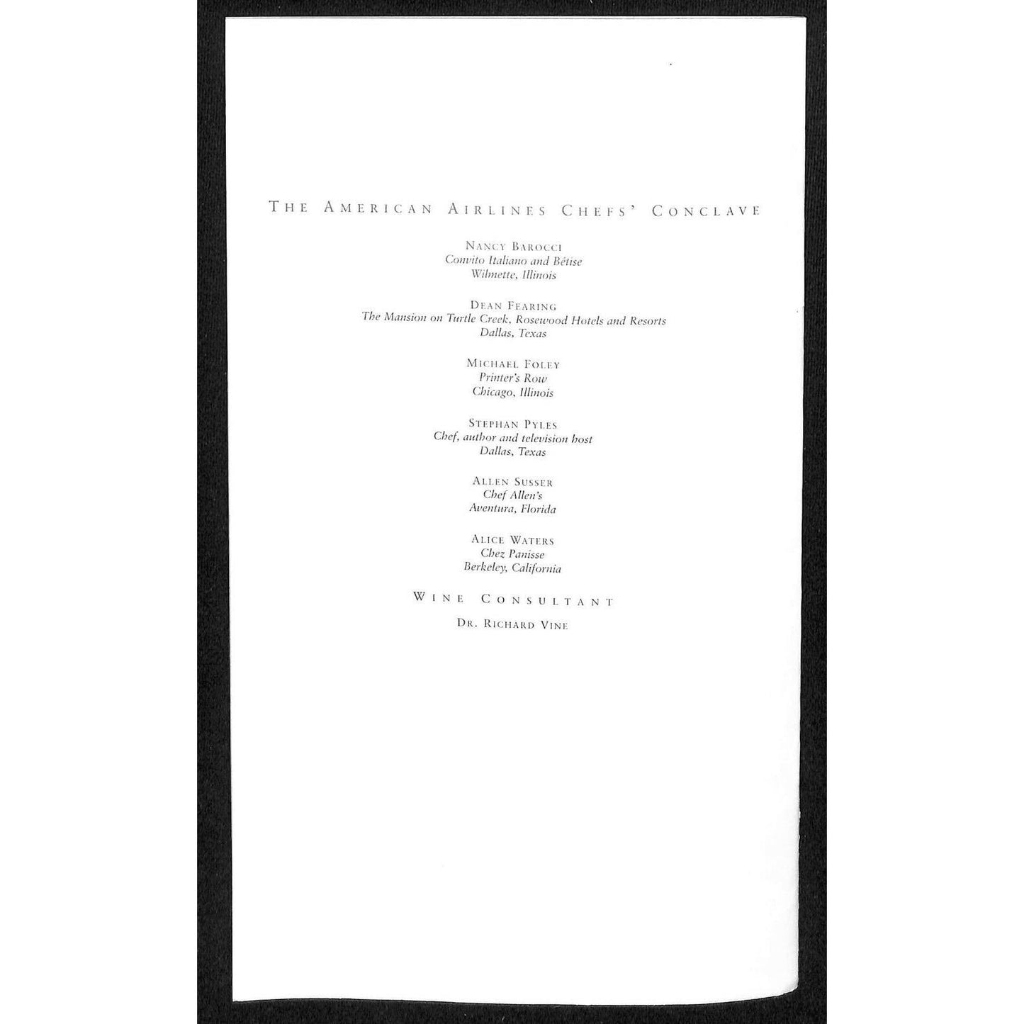 2003 American Airlines First Class Lunch, Entre & Wine Menu Richard Erye Photo