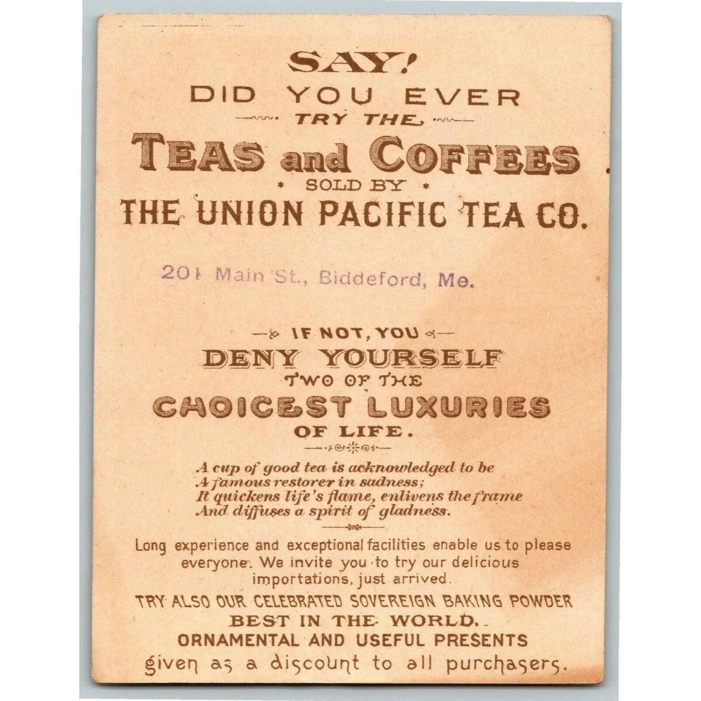 Victorian Trade Card - Union Pacific Tea Co. - Small Sailboat at Dock - Coffee