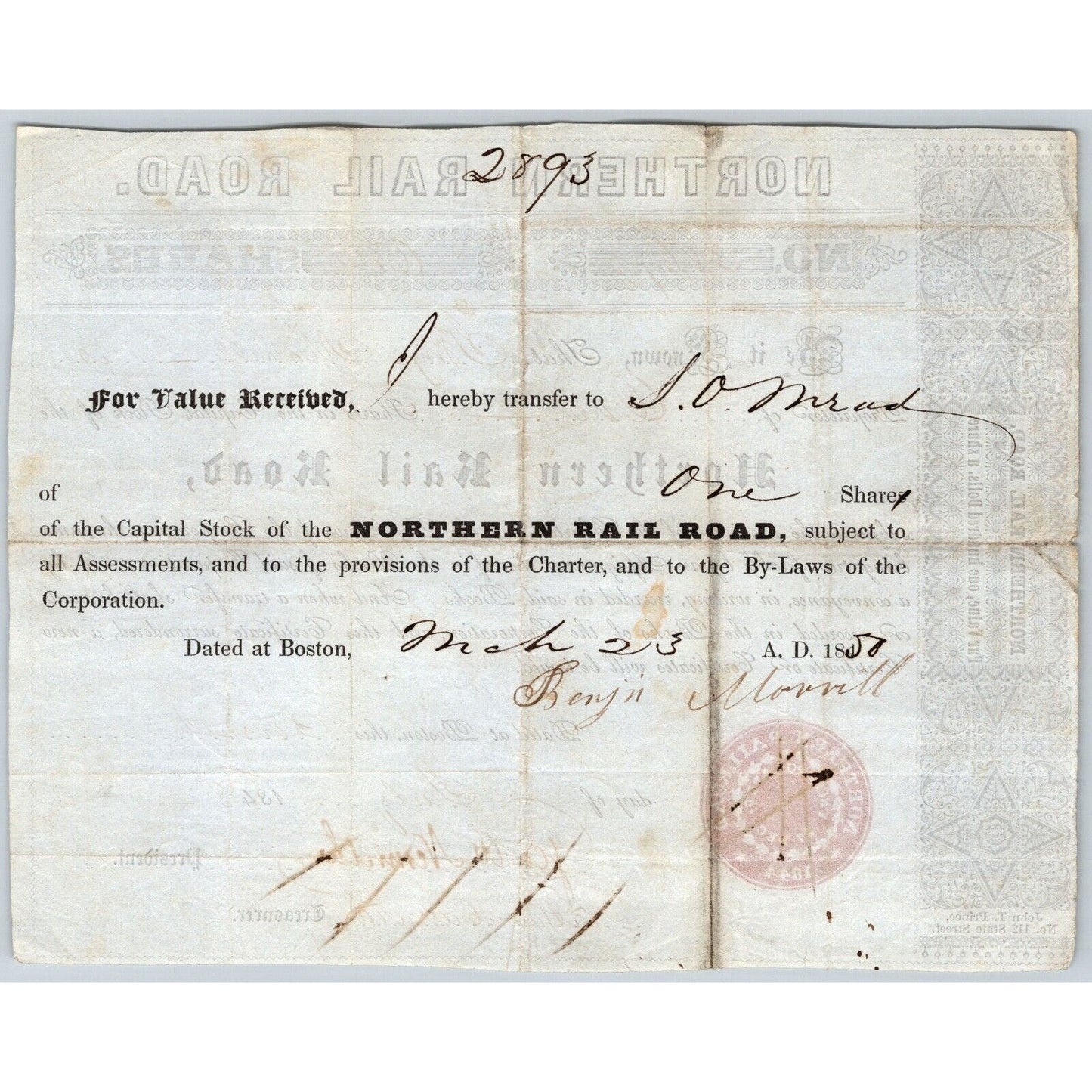 1848 Boston, MA Northern Railroad Stock Certificate No. 3867 for 1 Share