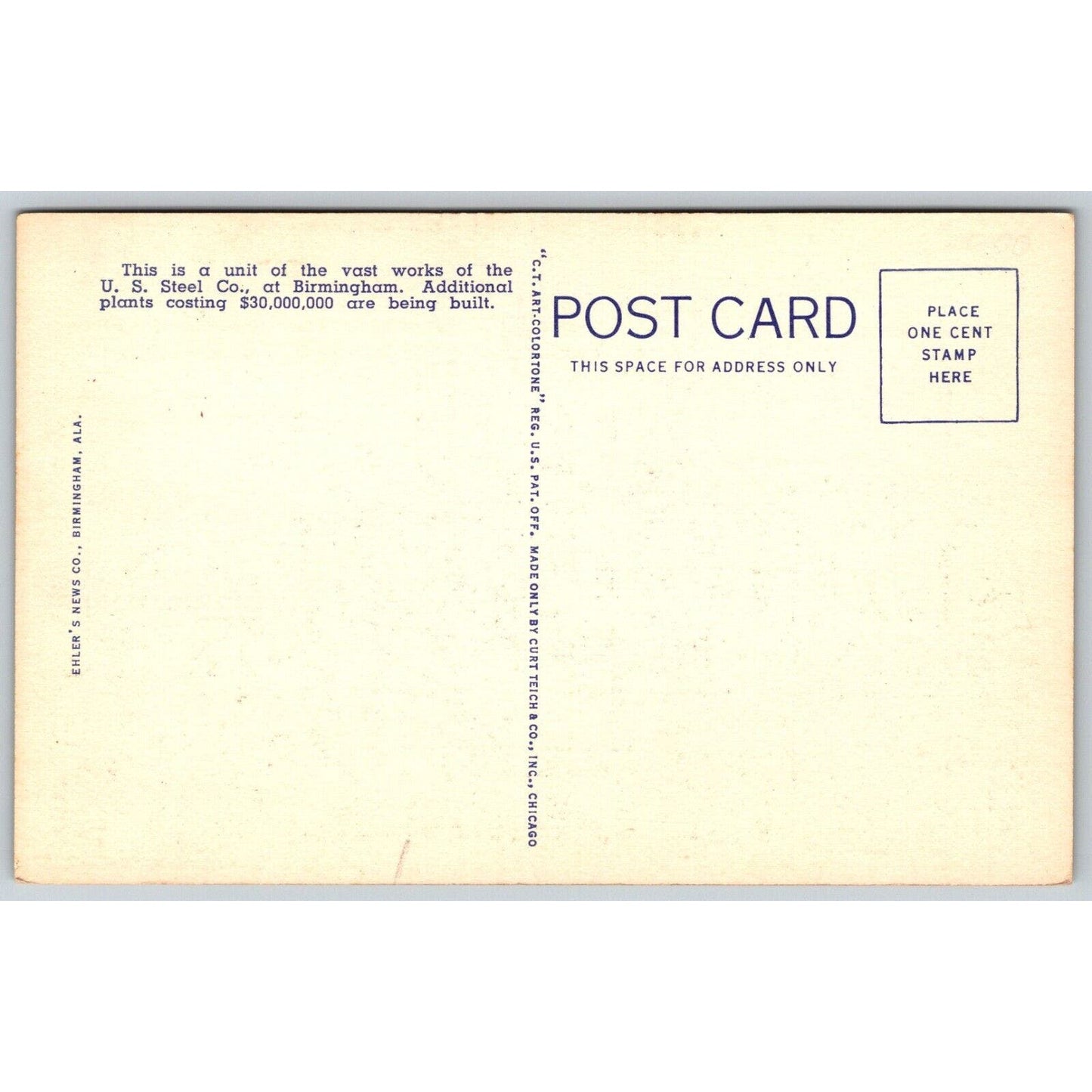 American Steel & Wire Co. Plant Fairfield Birmingham Linen Postcard c1931-35 VGC