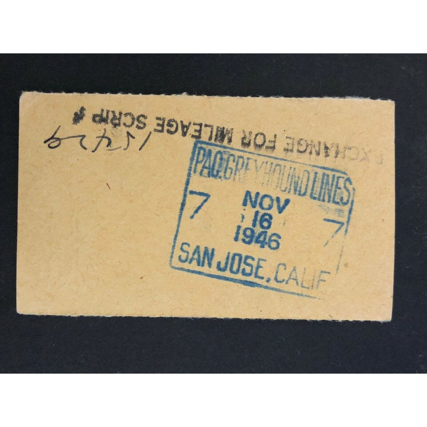 Pacific Greyhound Bus Lines I.D. Check / Ticket "San Jose" 26179 c1945-1955