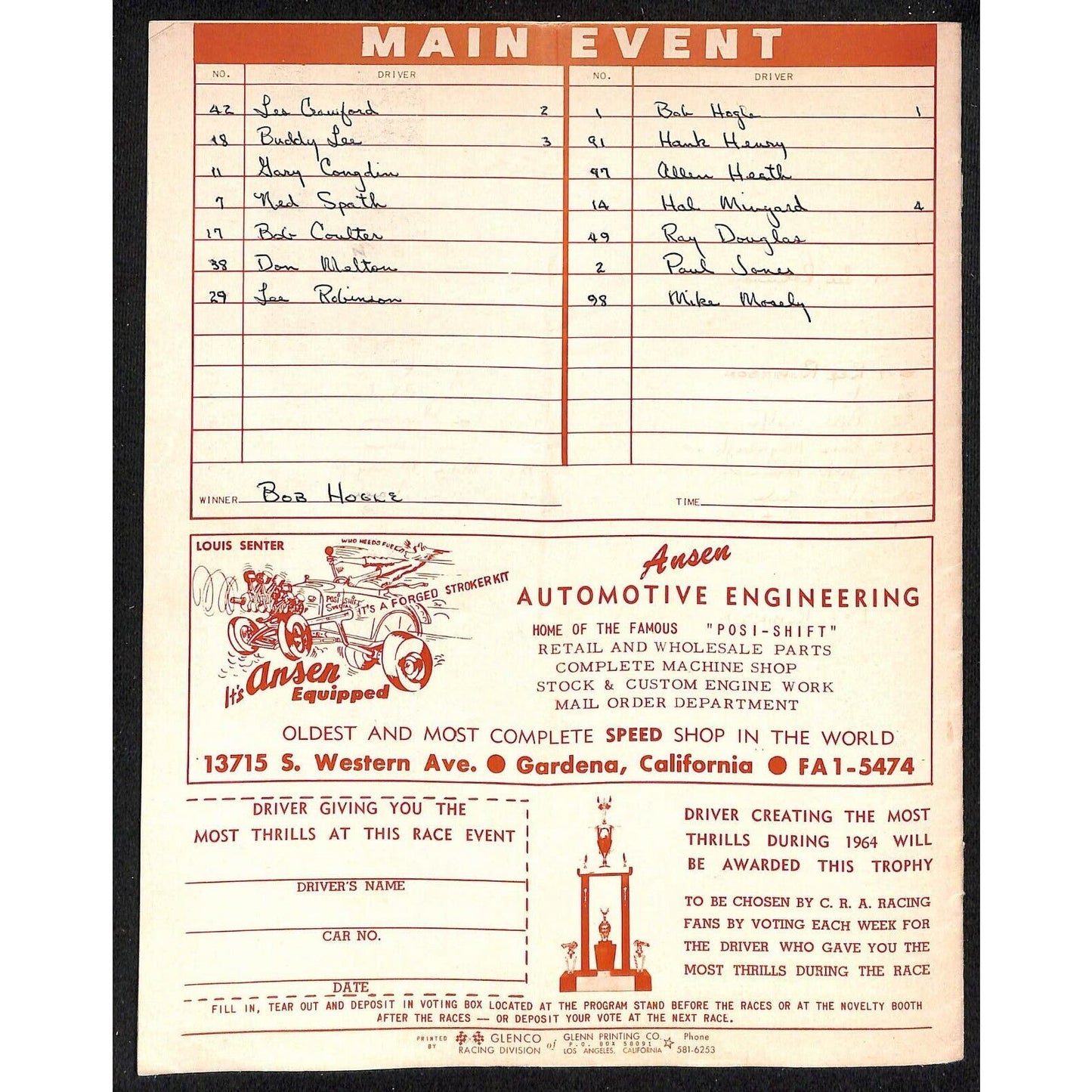 Scarce June 24 1964 CRA Racing Ascot Gardena Big Car Program 12pp.