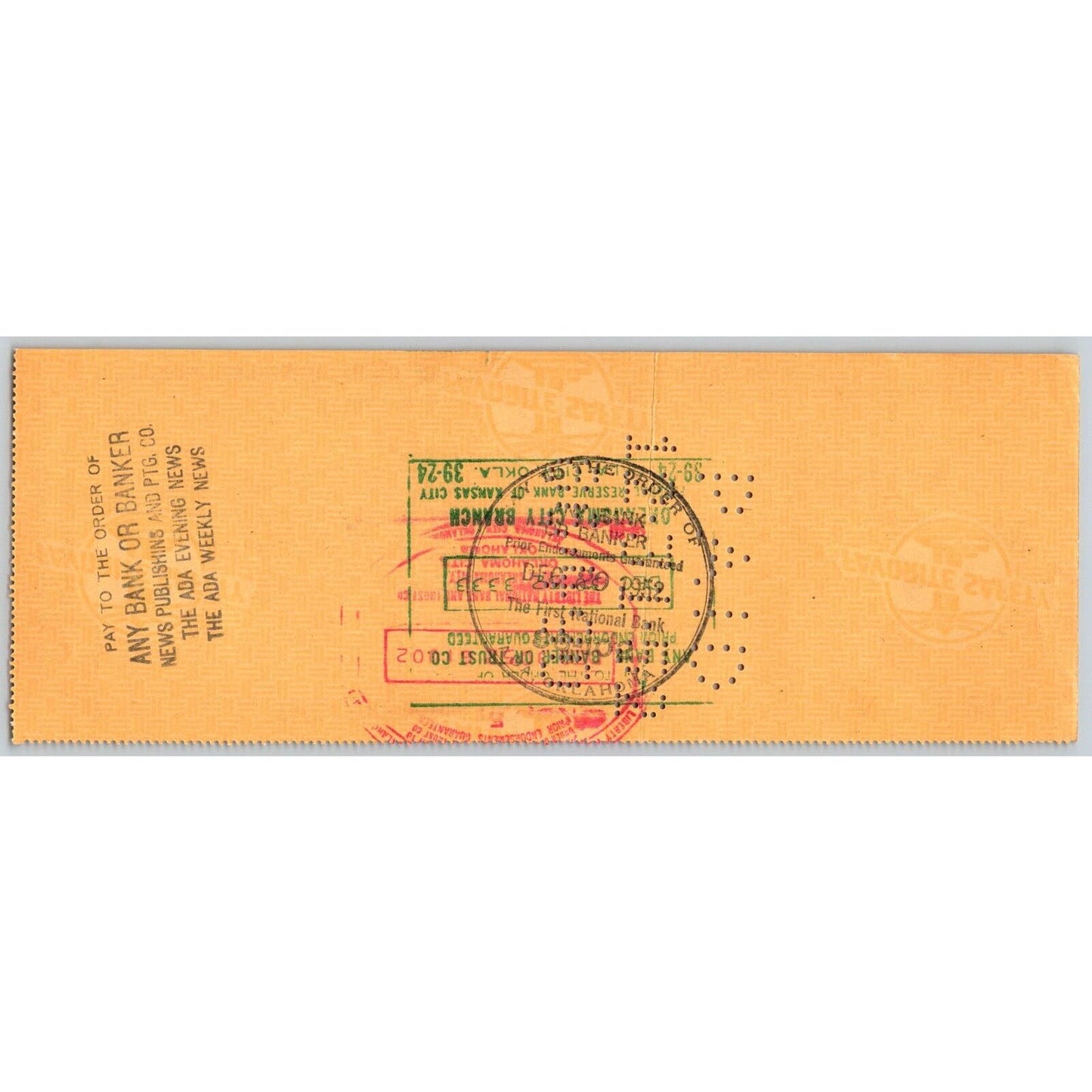Stratford, Oklahoma 1952 Bank Check W.J. Standridge & Son General Merchandise