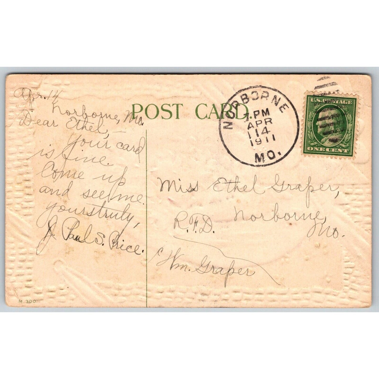 Easter Postcard "Easter Greeting" Floral Boat Ribbon Gilt EMB. PM 1911