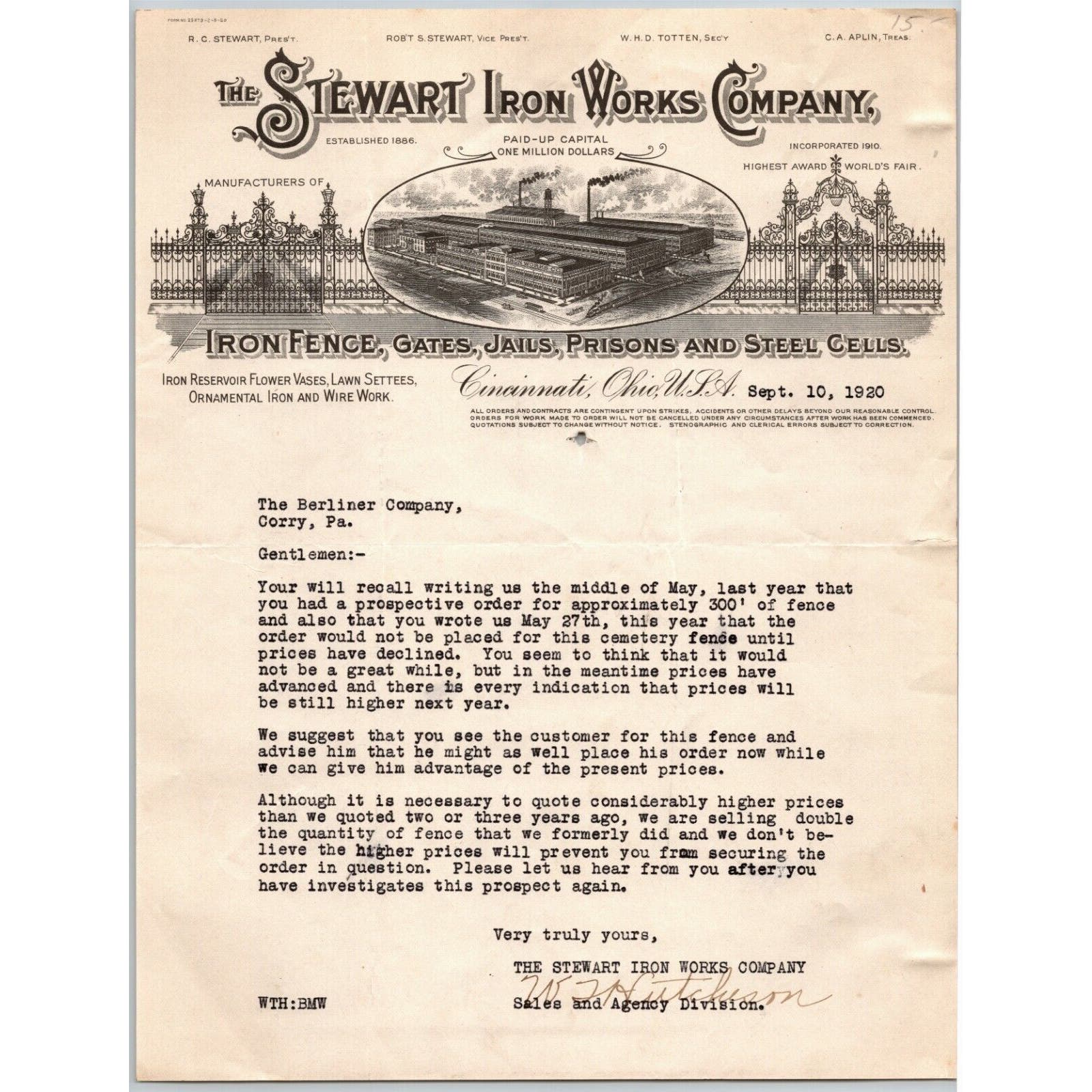 Stewart Iron Works Co 1920 Letterhead Cincinnati Prisons Cells Jails G