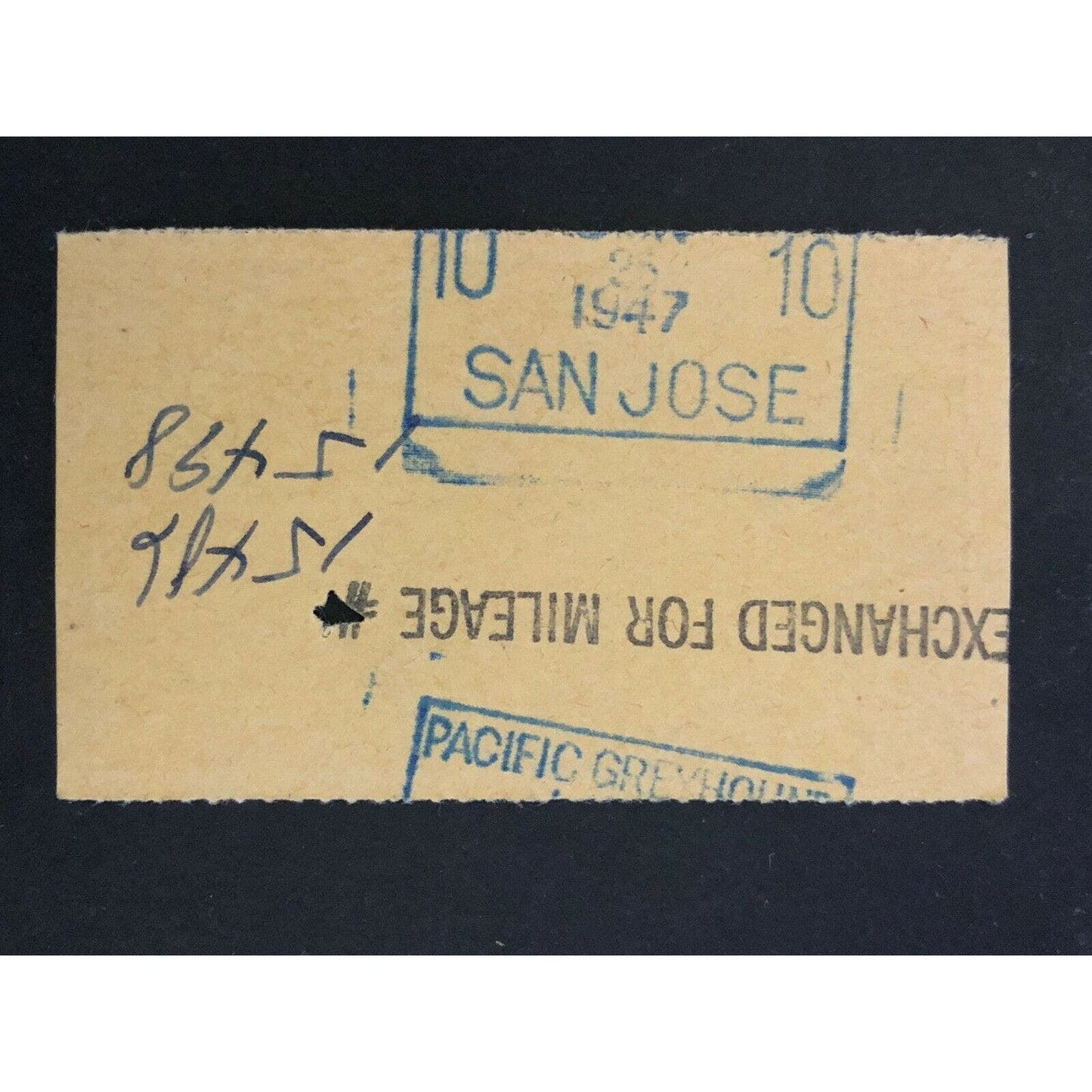 Pacific Greyhound Bus Lines I.D. Check / Ticket "San Jose" 25934 c1945-1955