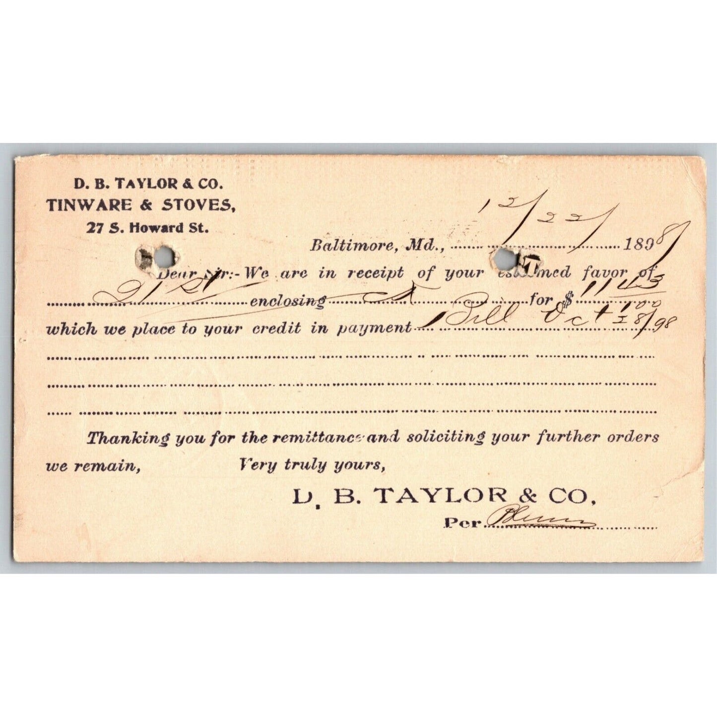 1898 Adv. Payment Conf. Postcard D.B. Taylor Tinware Stoves Baltimore E. Baker*