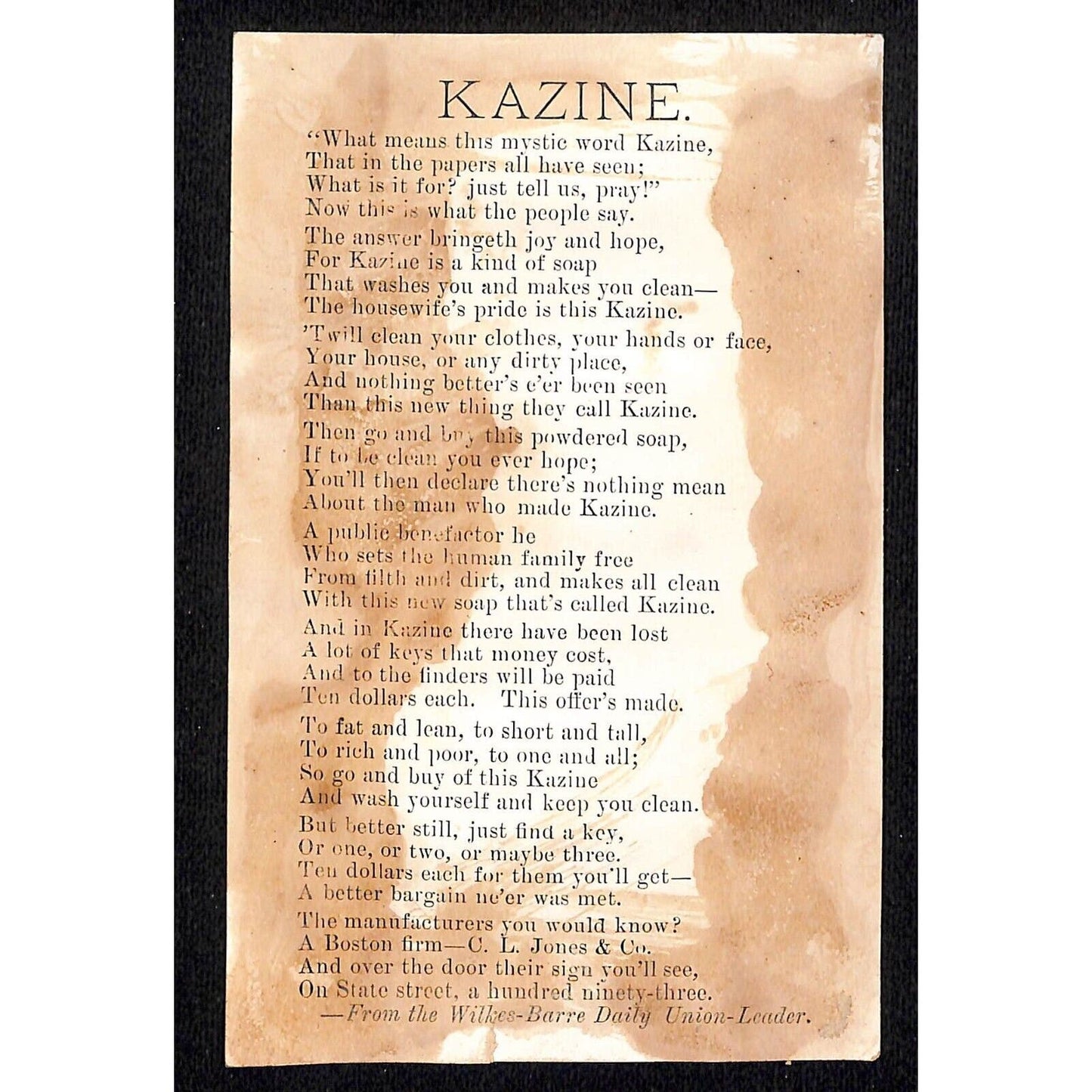 Use Kazine (Laundry Soap) Victorian Trade Card Floral Rose