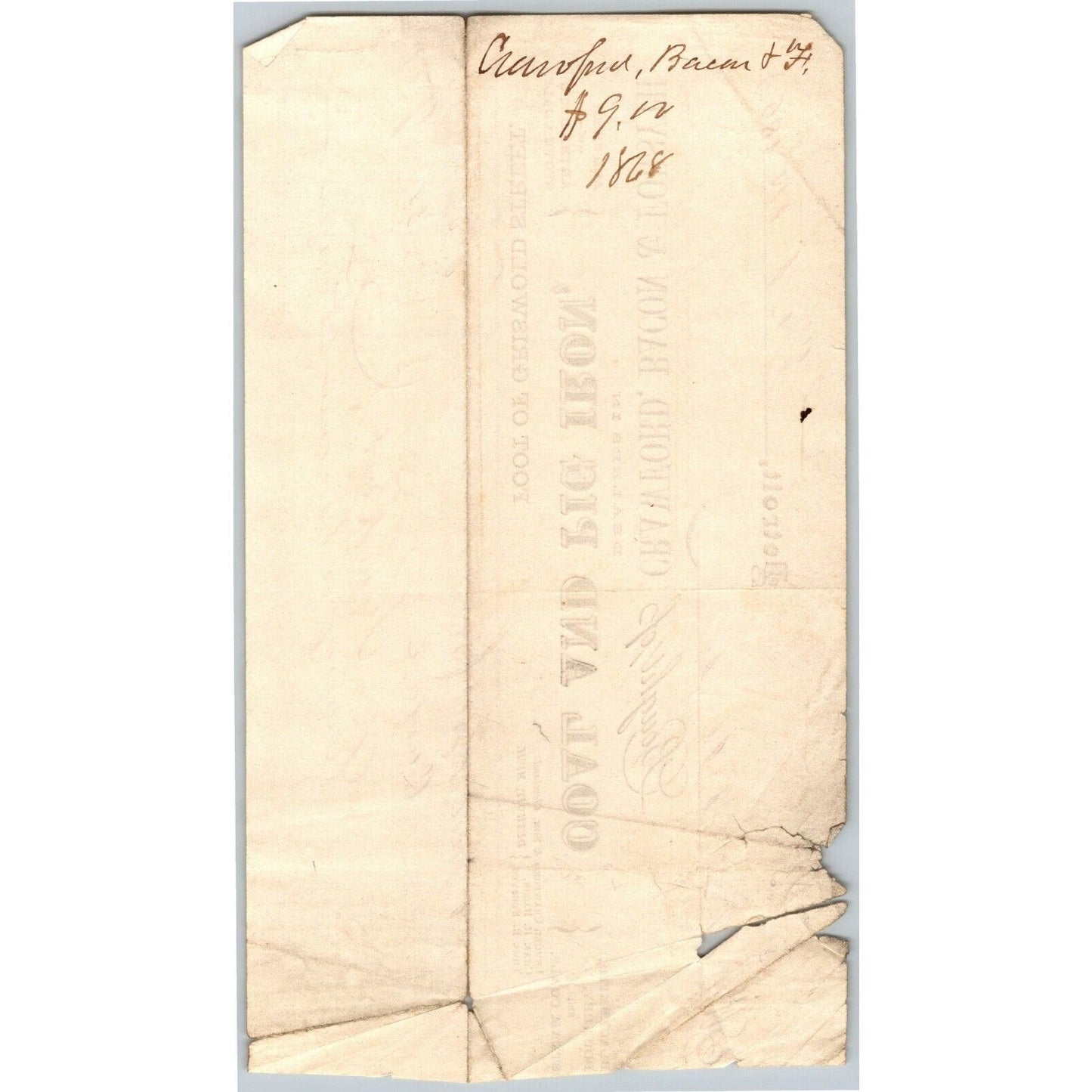 Detroit Letterhead Crawford, Bacon & Forsyth "Coal and Pig Iron" 1868