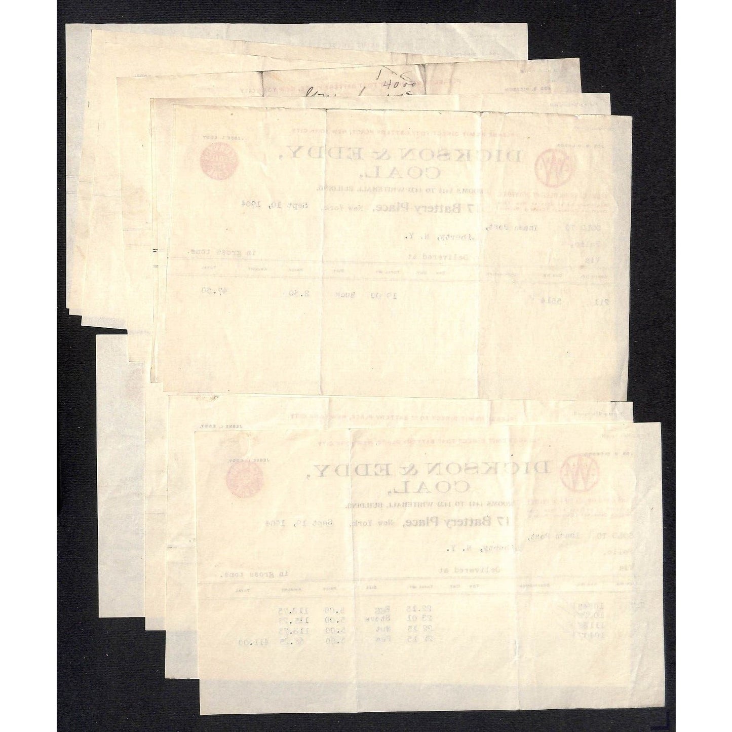 Dickson & Eddy Scranton Coal - 17 Battery Place, NYC (10) 1904 Billheads VGC