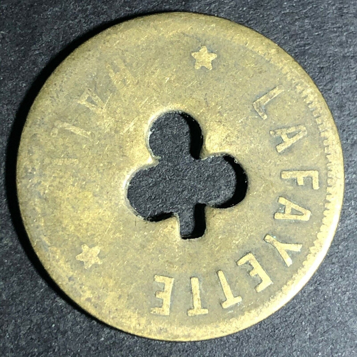 24.5mm Brass Lafayette Hall (Saloon Sacramento, CA) Token Clover Shamrock (#29)