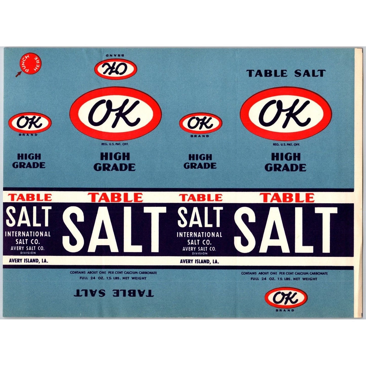 OK High Grade Table Salt Paper Label c1937 Avery Island, LA - Scarce
