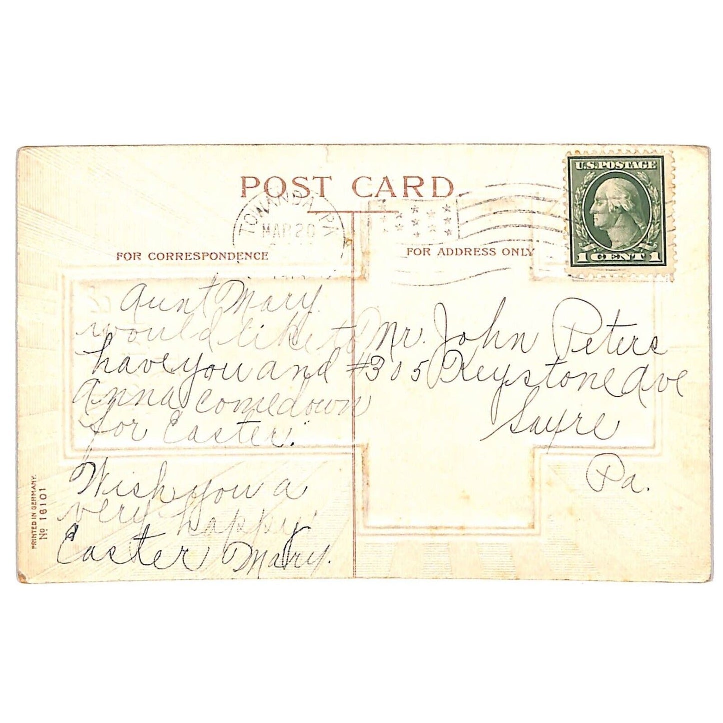 Easter Postcard "A Joyful Easter" Cross w/ Radiant Lines Gilt EMB. PM c1915