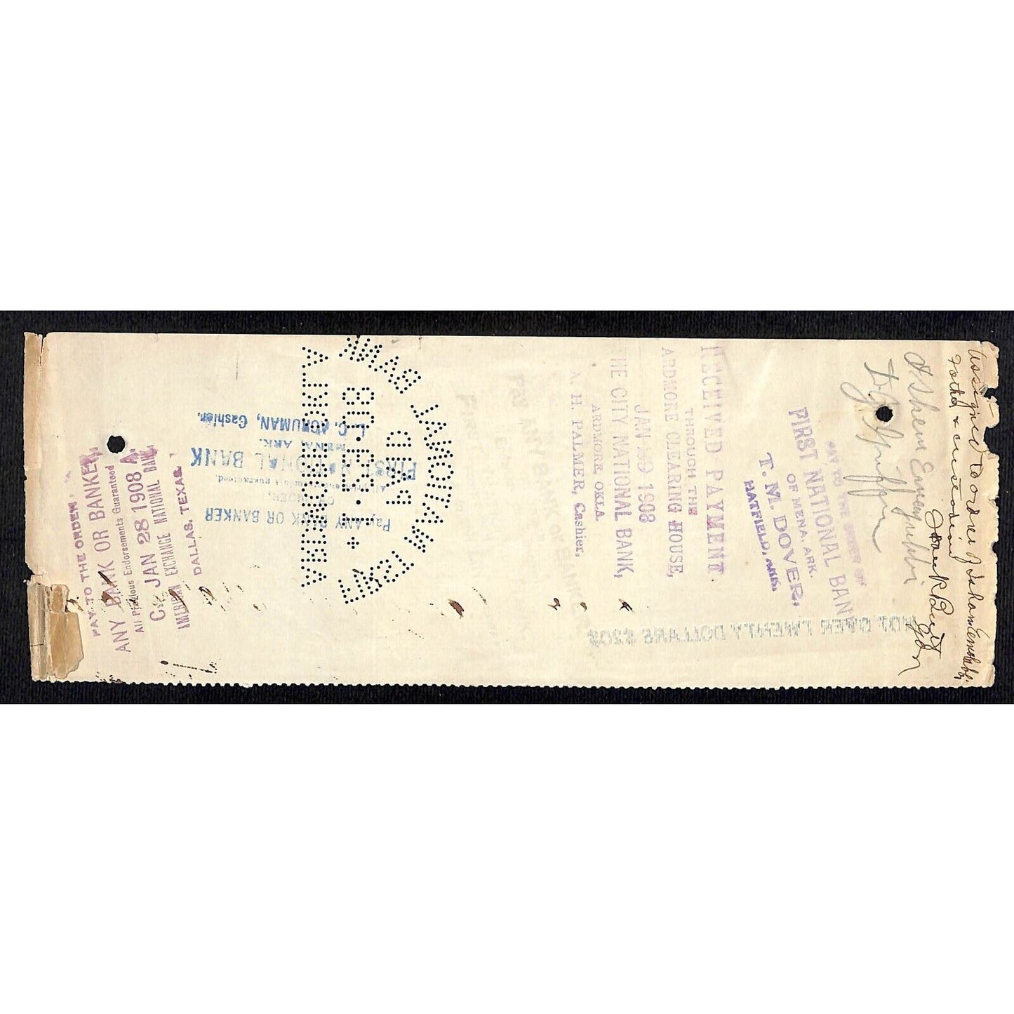 Ardmore, OK 1907 Indian Territory* FNB Check w/ Attractive Punch Cancel - Scarce
