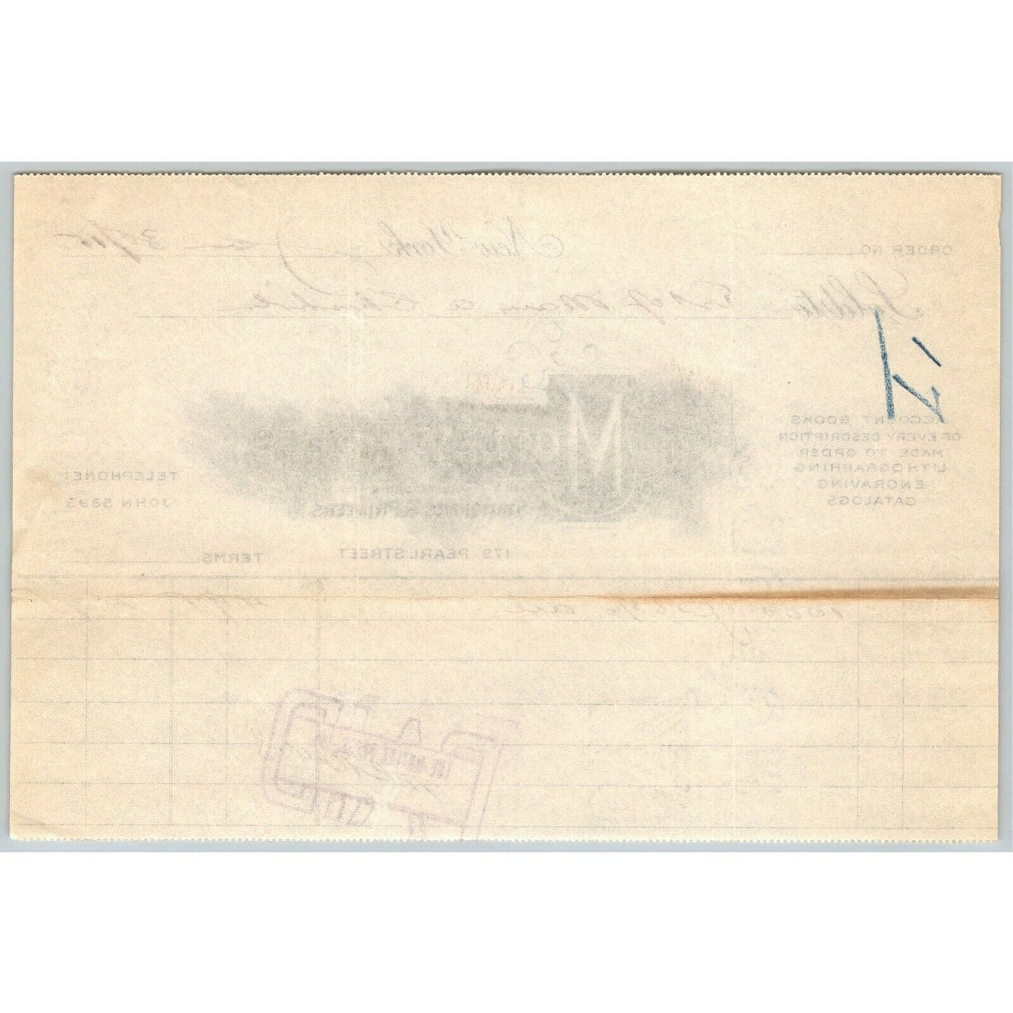 1915 "The Motley Press, Stationers & Printers" Billhead Letterhead Pearl St. NYC